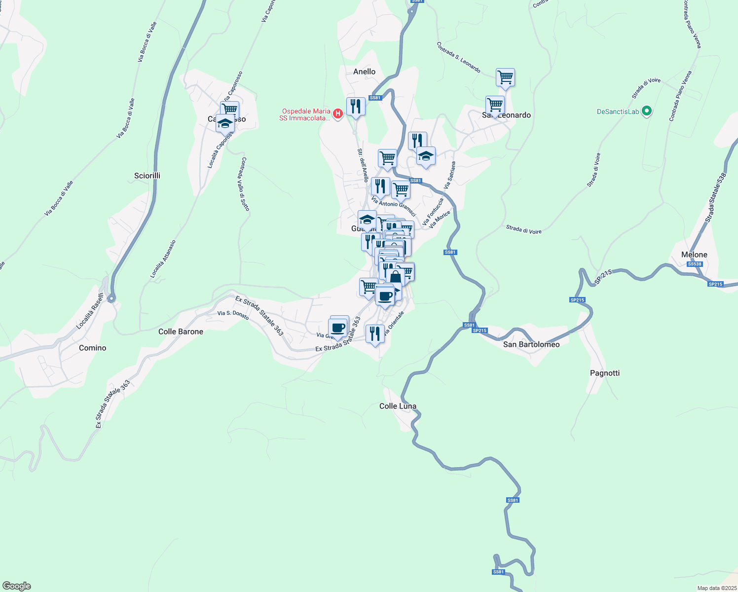 map of restaurants, bars, coffee shops, grocery stores, and more near in Guardiagrele