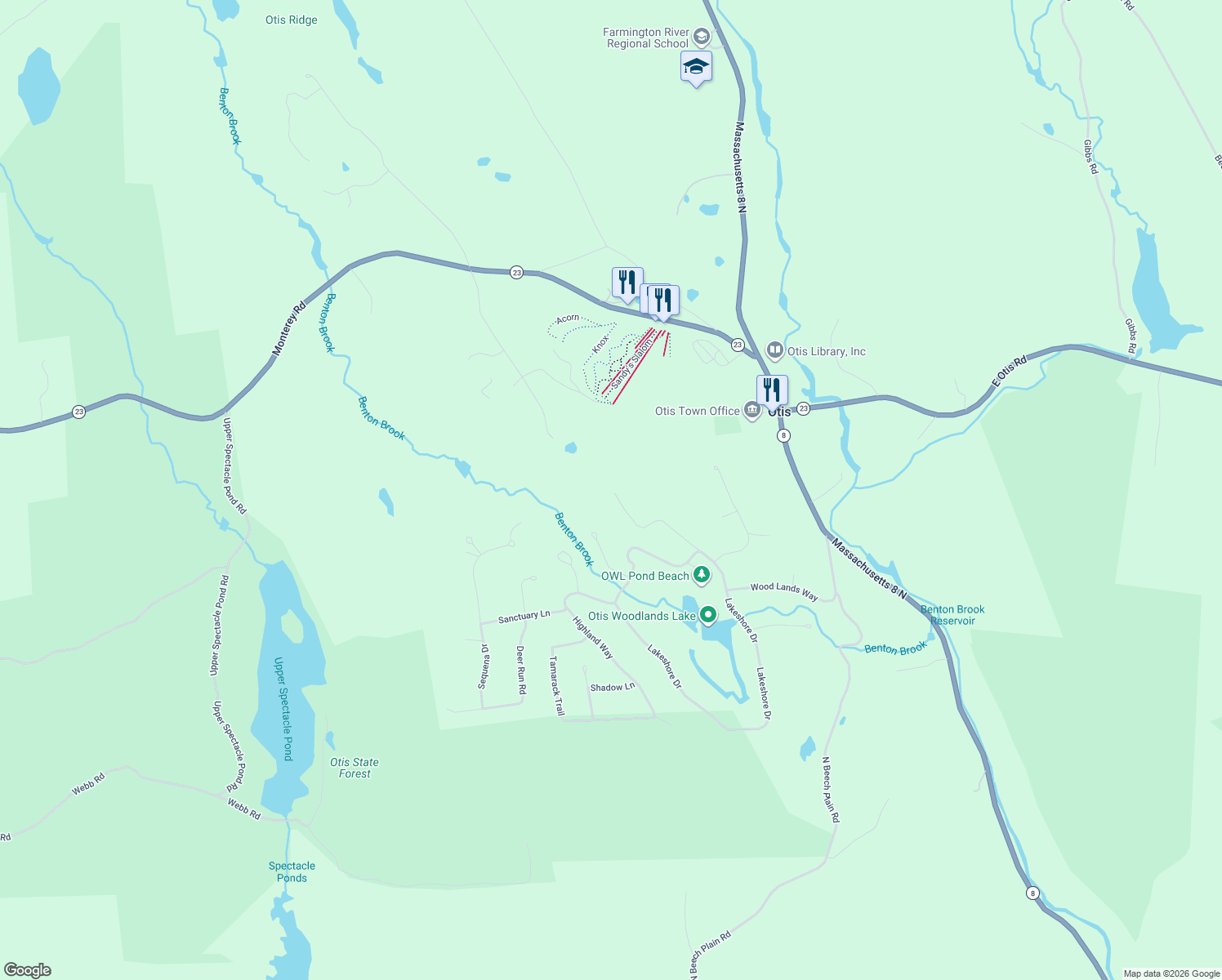 map of restaurants, bars, coffee shops, grocery stores, and more near 247 Clubhouse Dr in Otis