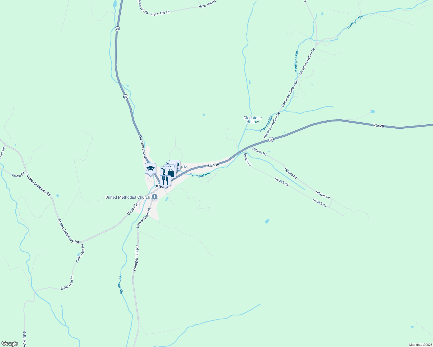 map of restaurants, bars, coffee shops, grocery stores, and more near 149 Holmes Ln in Andes