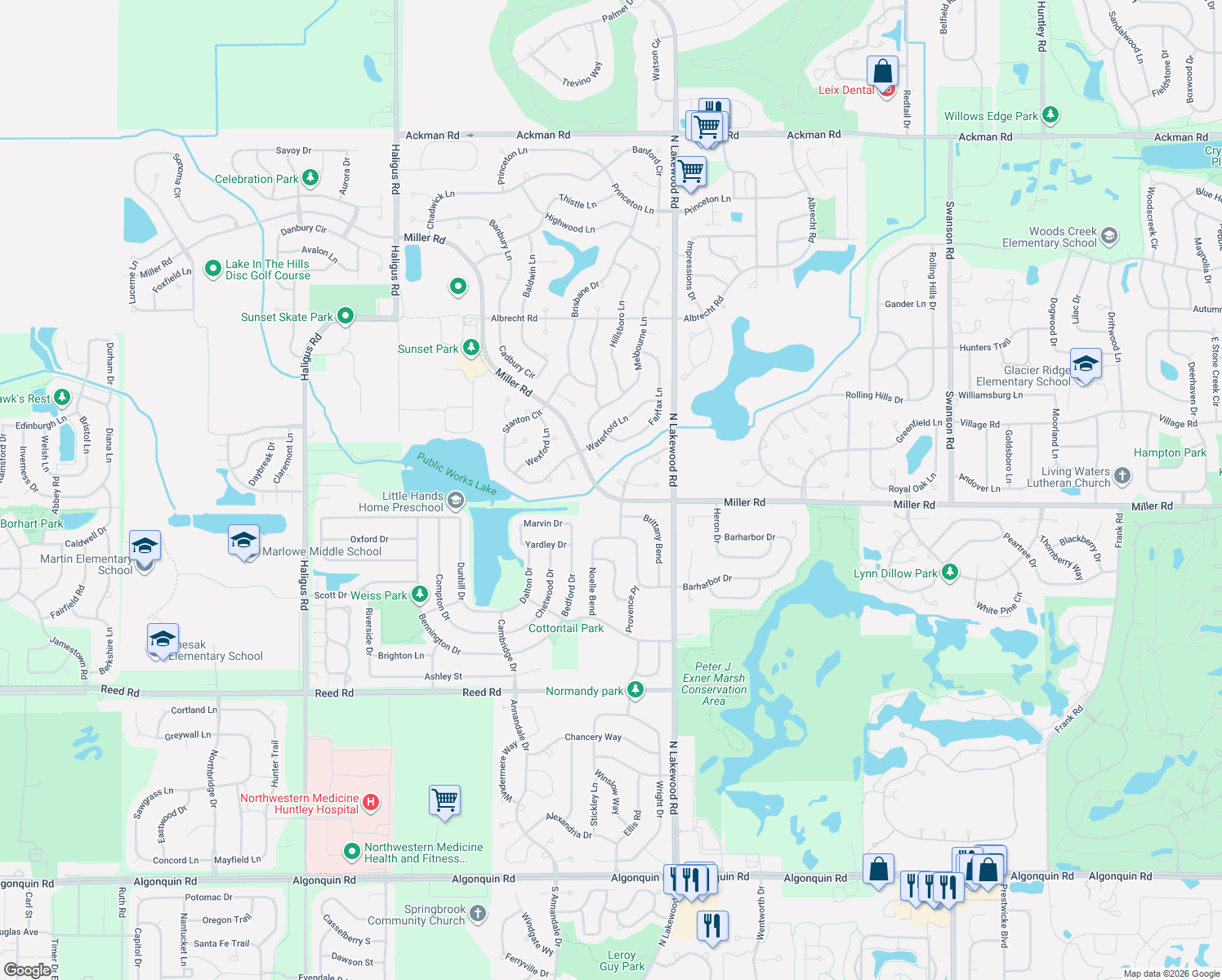 map of restaurants, bars, coffee shops, grocery stores, and more near 2111 Litchfield Lane in Lake in the Hills