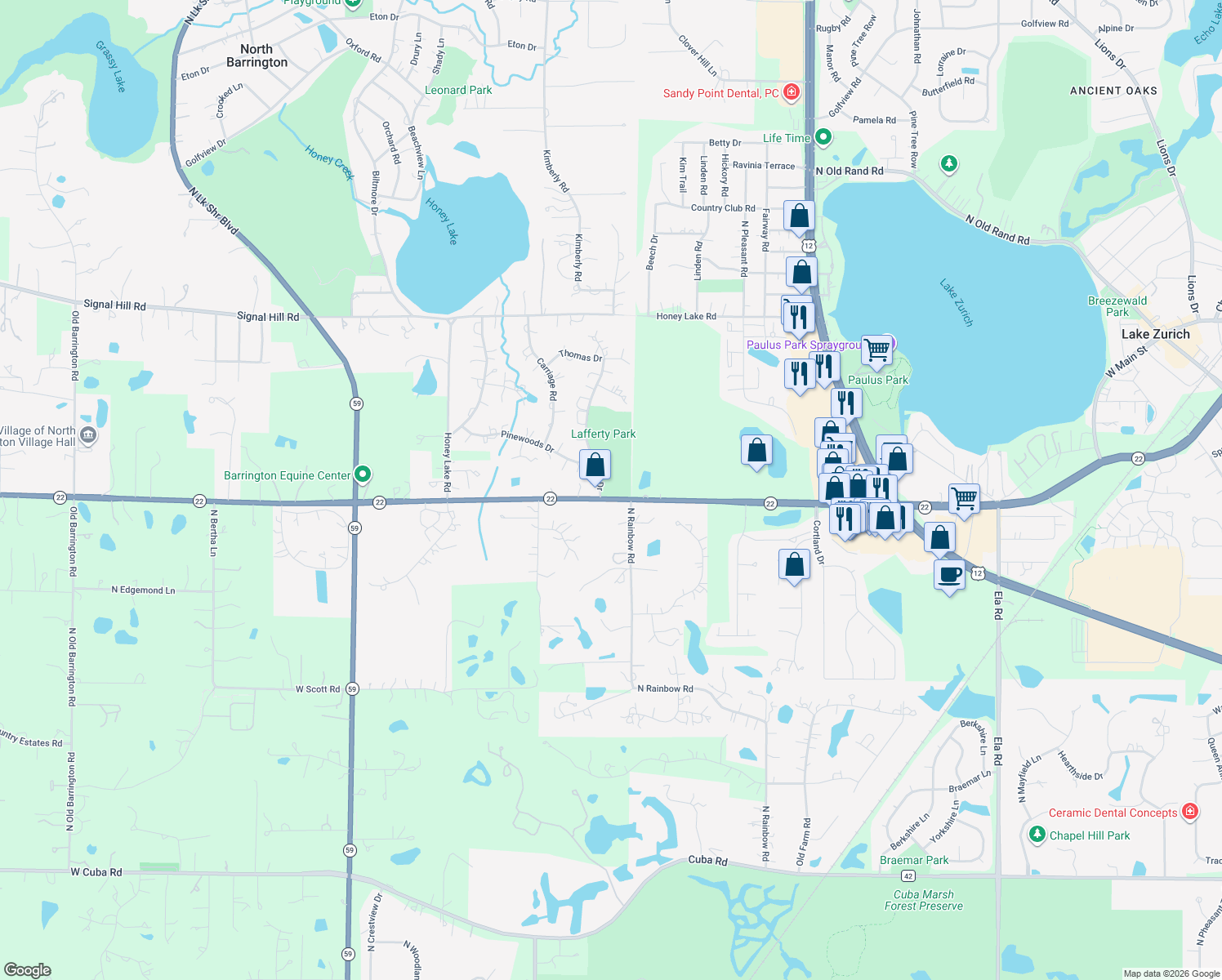 map of restaurants, bars, coffee shops, grocery stores, and more near 91 Hewes Dr in North Barrington