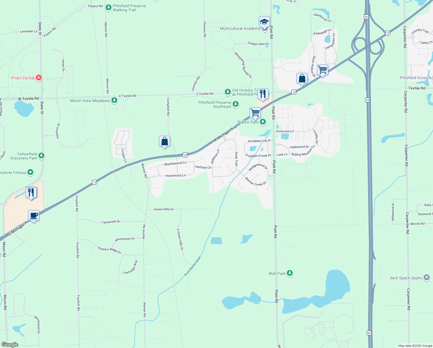 map of restaurants, bars, coffee shops, grocery stores, and more near 6684 Sauk Trail in Saline