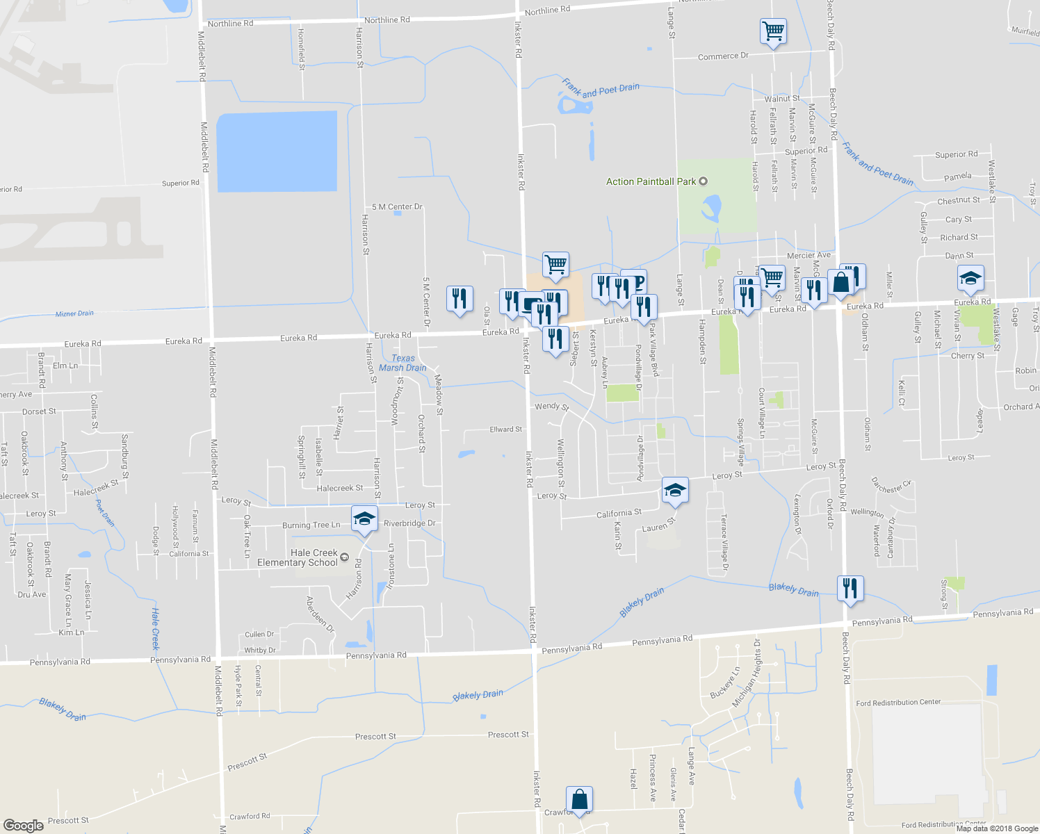 map of restaurants, bars, coffee shops, grocery stores, and more near 15360 Inkster Road in Romulus