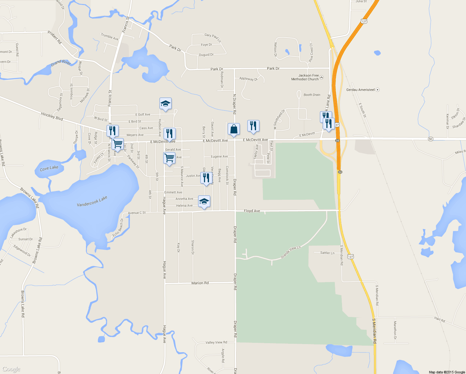 map of restaurants, bars, coffee shops, grocery stores, and more near 4718 Draper Road in Jackson