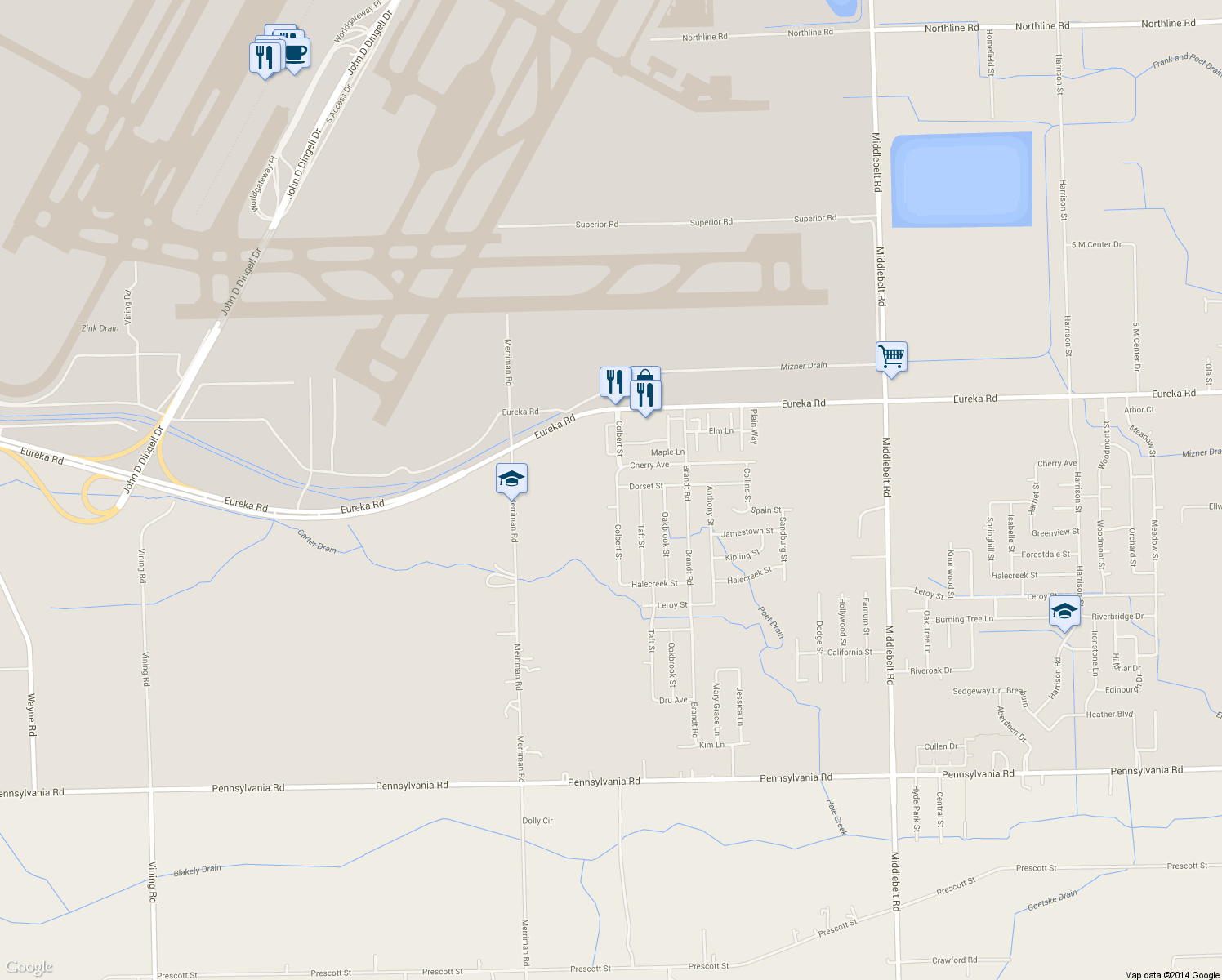 map of restaurants, bars, coffee shops, grocery stores, and more near 15404 Colbert St in Romulus