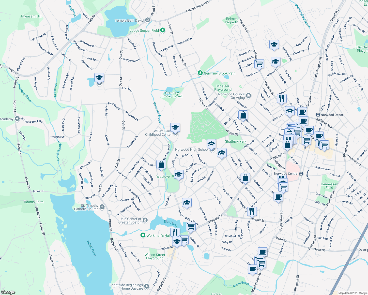 map of restaurants, bars, coffee shops, grocery stores, and more near 60 Marlboro Street in Norwood