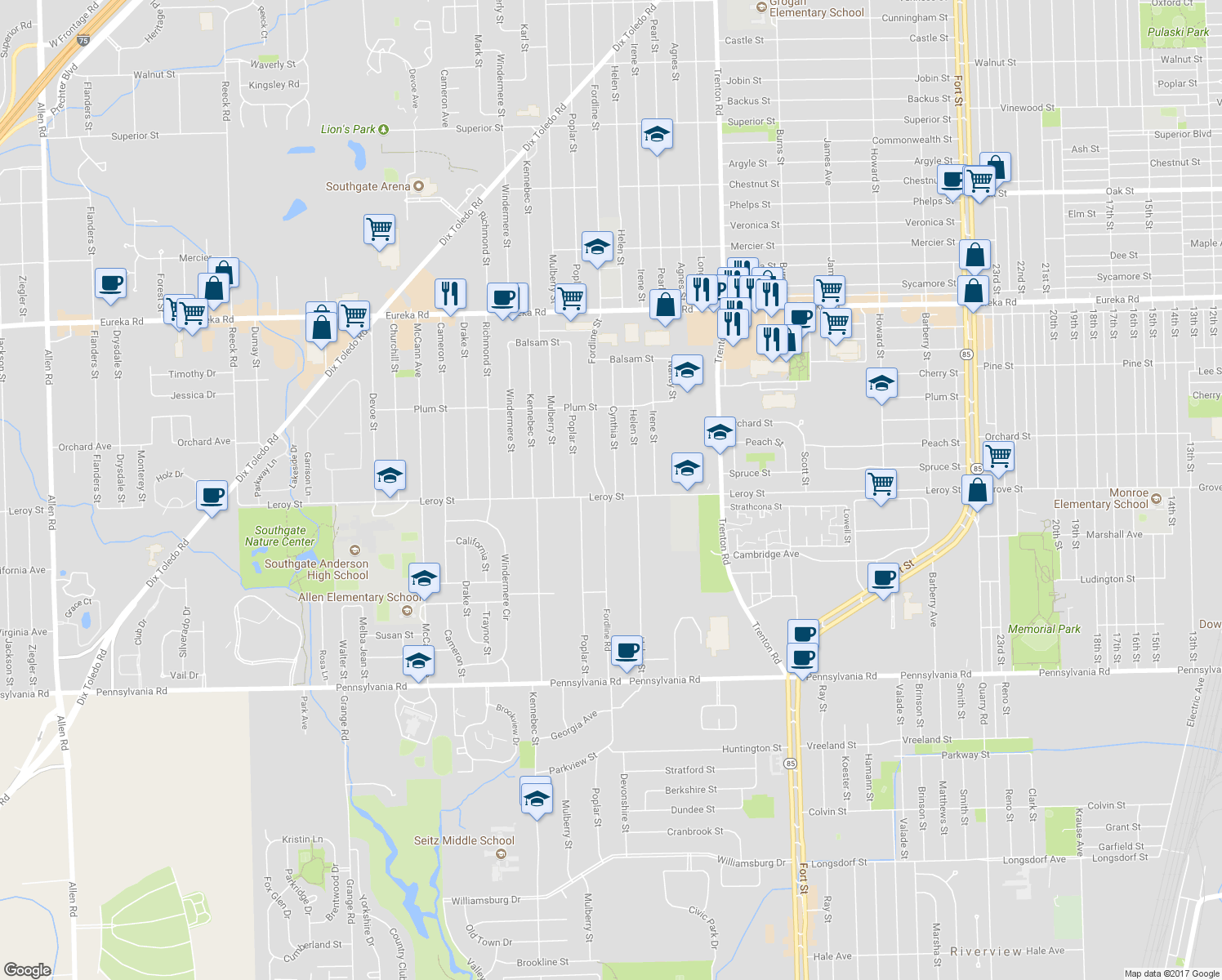 map of restaurants, bars, coffee shops, grocery stores, and more near 15765 Fordline Street in Southgate