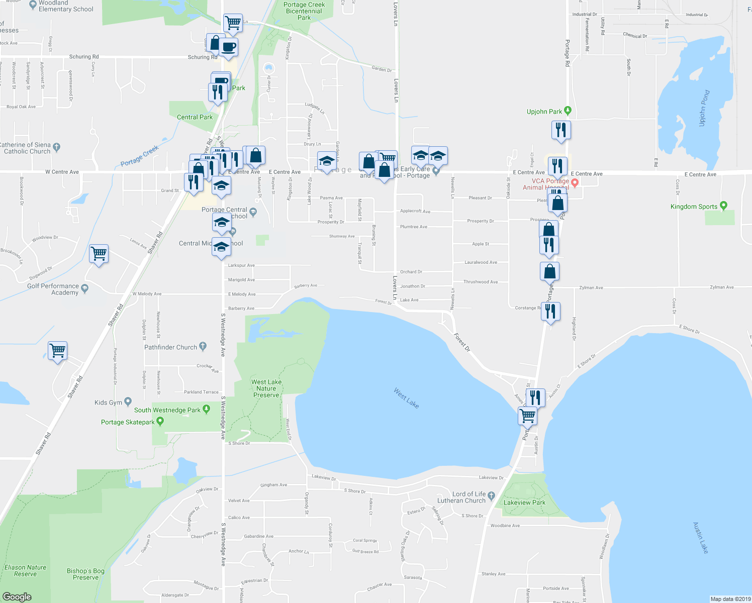 map of restaurants, bars, coffee shops, grocery stores, and more near 1122 Forest Drive in Portage