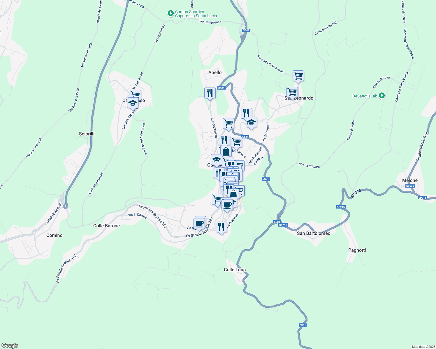map of restaurants, bars, coffee shops, grocery stores, and more near Strada Statale 363 in Guardiagrele