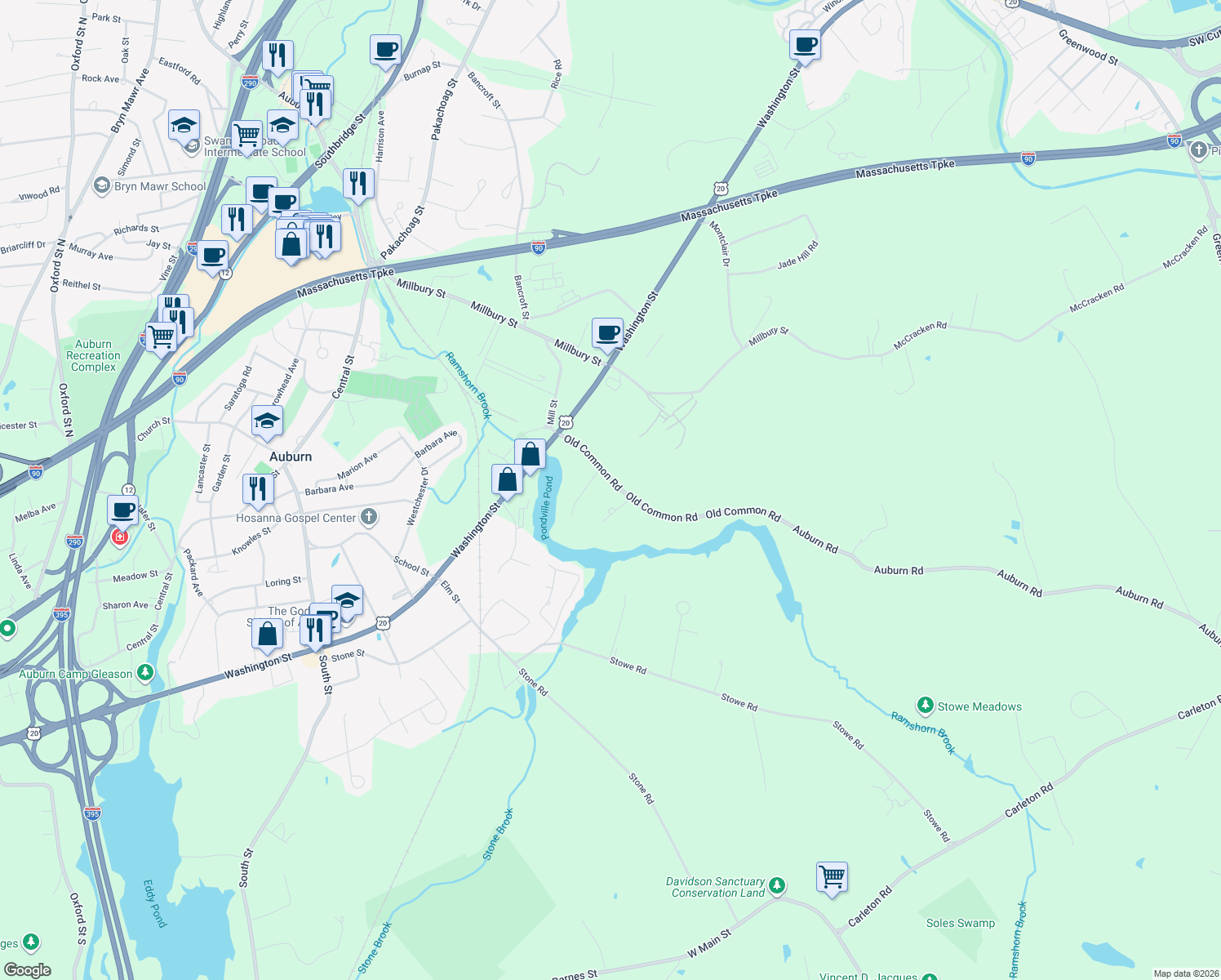 map of restaurants, bars, coffee shops, grocery stores, and more near 54 Old Common Road in Auburn