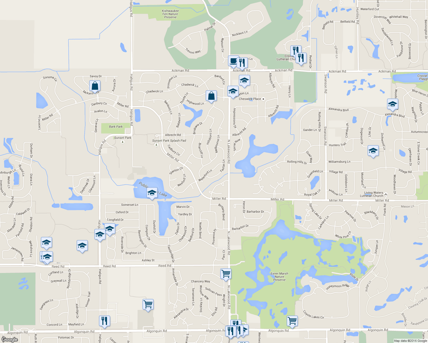 map of restaurants, bars, coffee shops, grocery stores, and more near 2590 Waterford Lane in Lake in the Hills