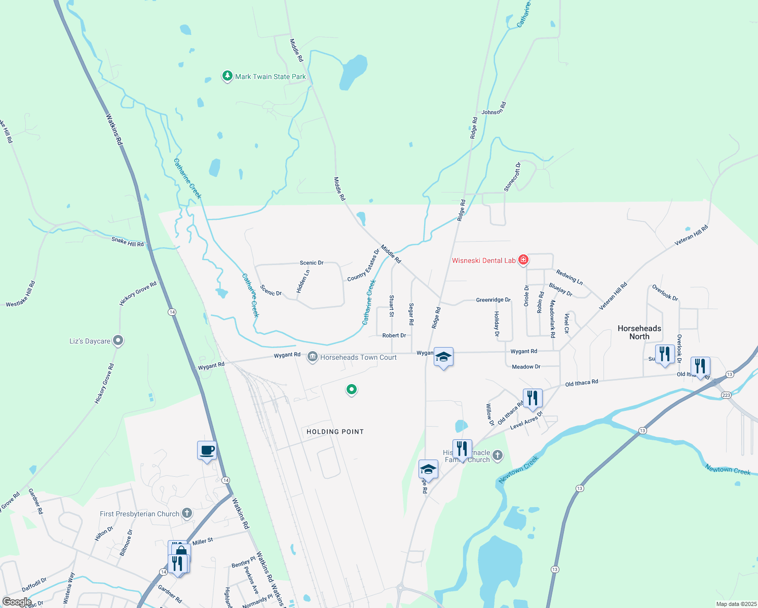 map of restaurants, bars, coffee shops, grocery stores, and more near 229 Sunnyfield Dr in Horseheads