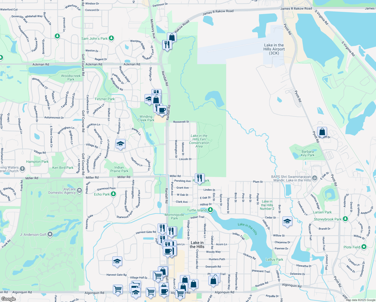 map of restaurants, bars, coffee shops, grocery stores, and more near 1411 Adams Street in Lake in the Hills