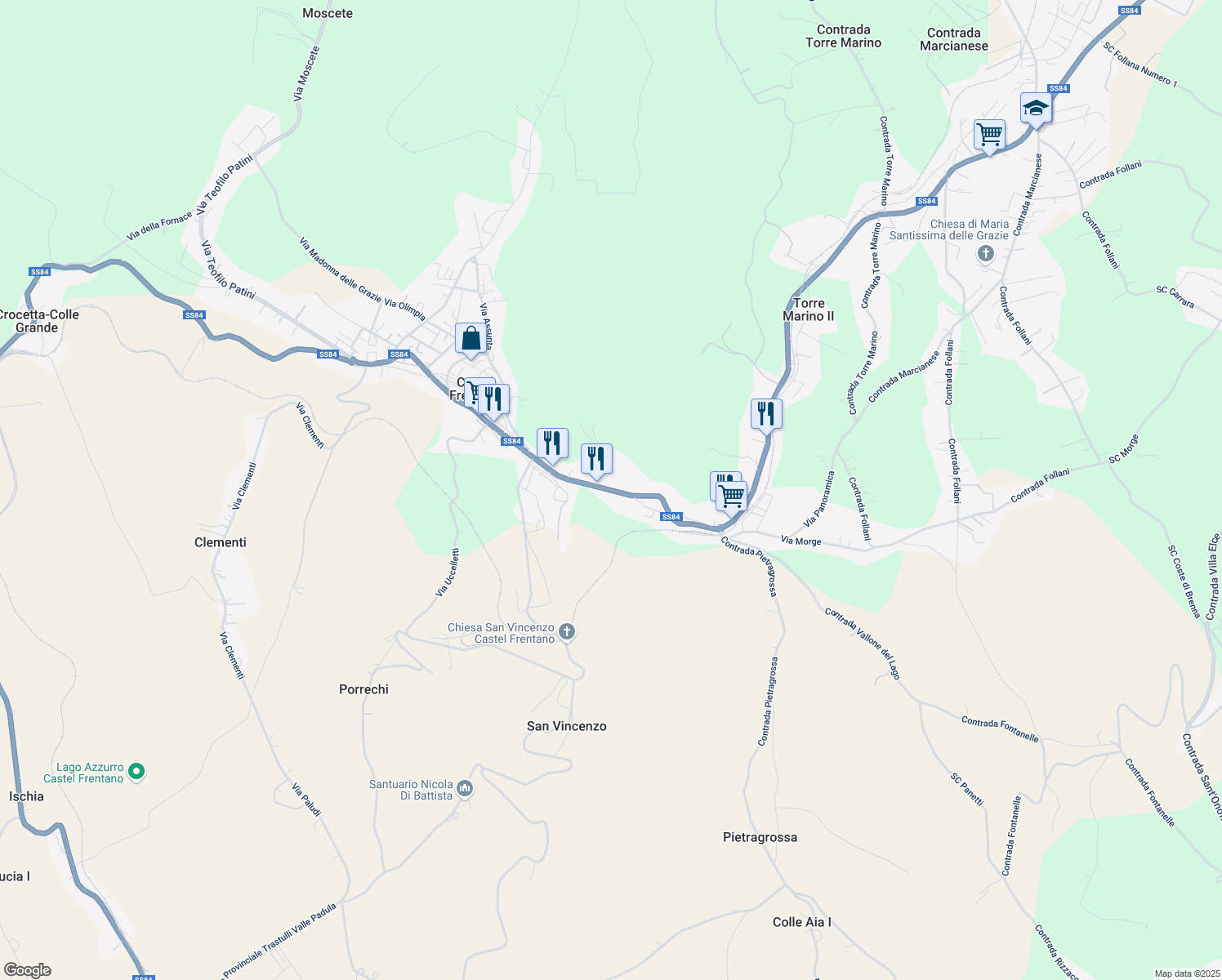 map of restaurants, bars, coffee shops, grocery stores, and more near Strada Statale 84 in Castel Frentano