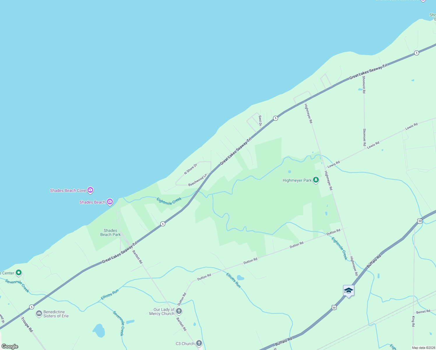 map of restaurants, bars, coffee shops, grocery stores, and more near 7509 E Lake Rd in Erie