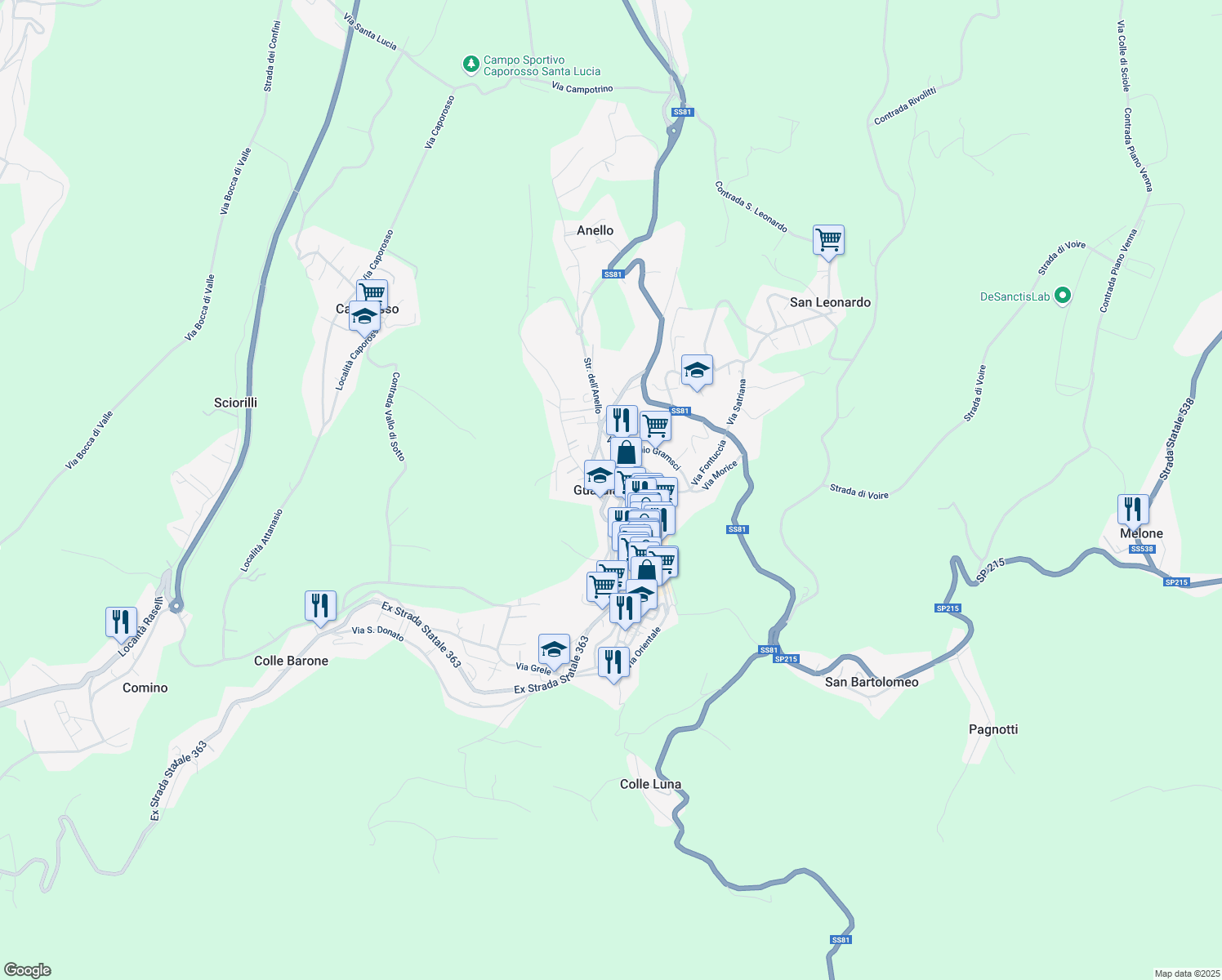 map of restaurants, bars, coffee shops, grocery stores, and more near Strada Statale 363 in Guardiagrele