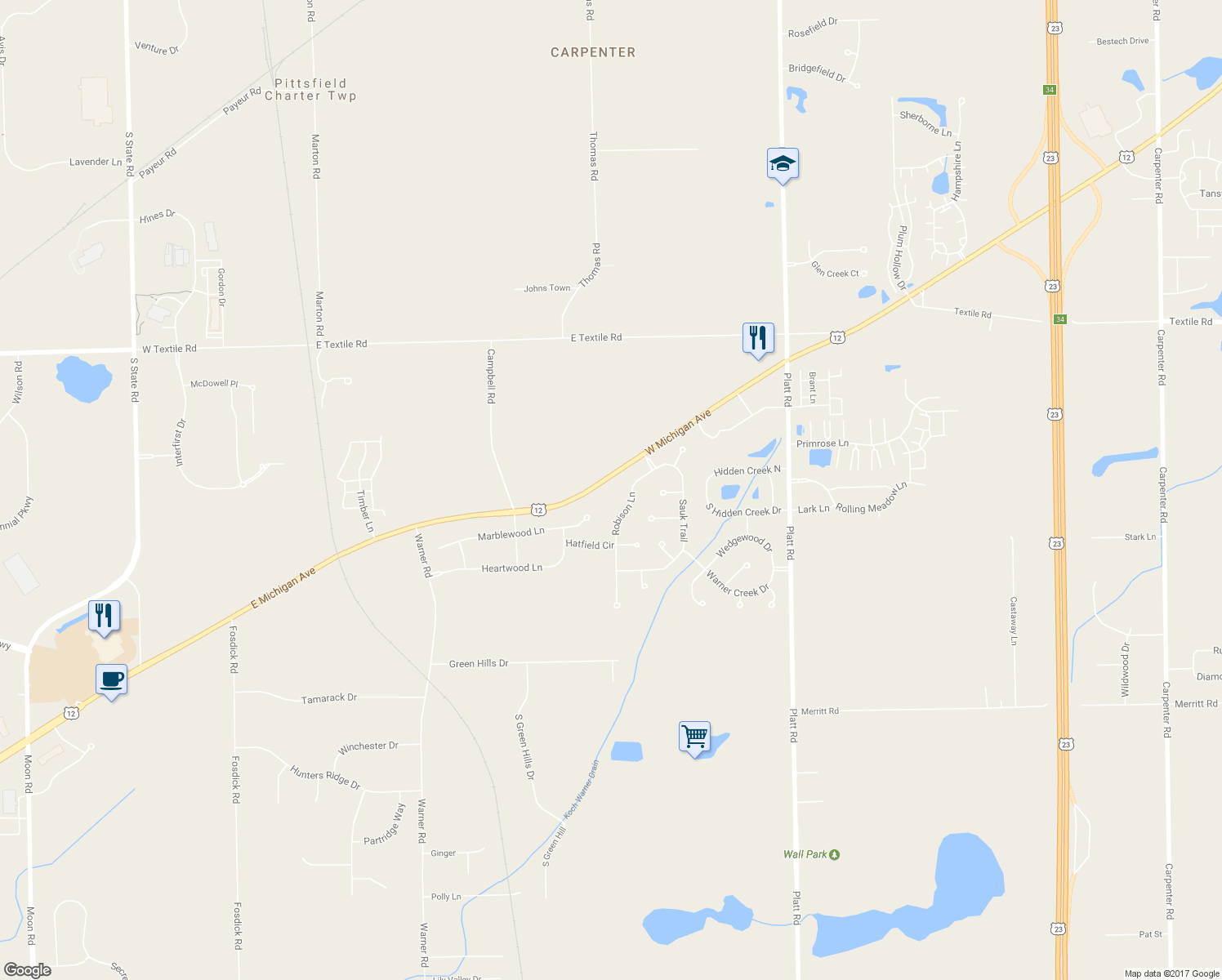 map of restaurants, bars, coffee shops, grocery stores, and more near 6315 East Michigan Avenue in Saline