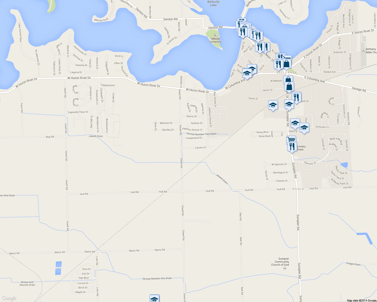 map of restaurants, bars, coffee shops, grocery stores, and more near 47237 Lauren Court in Belleville