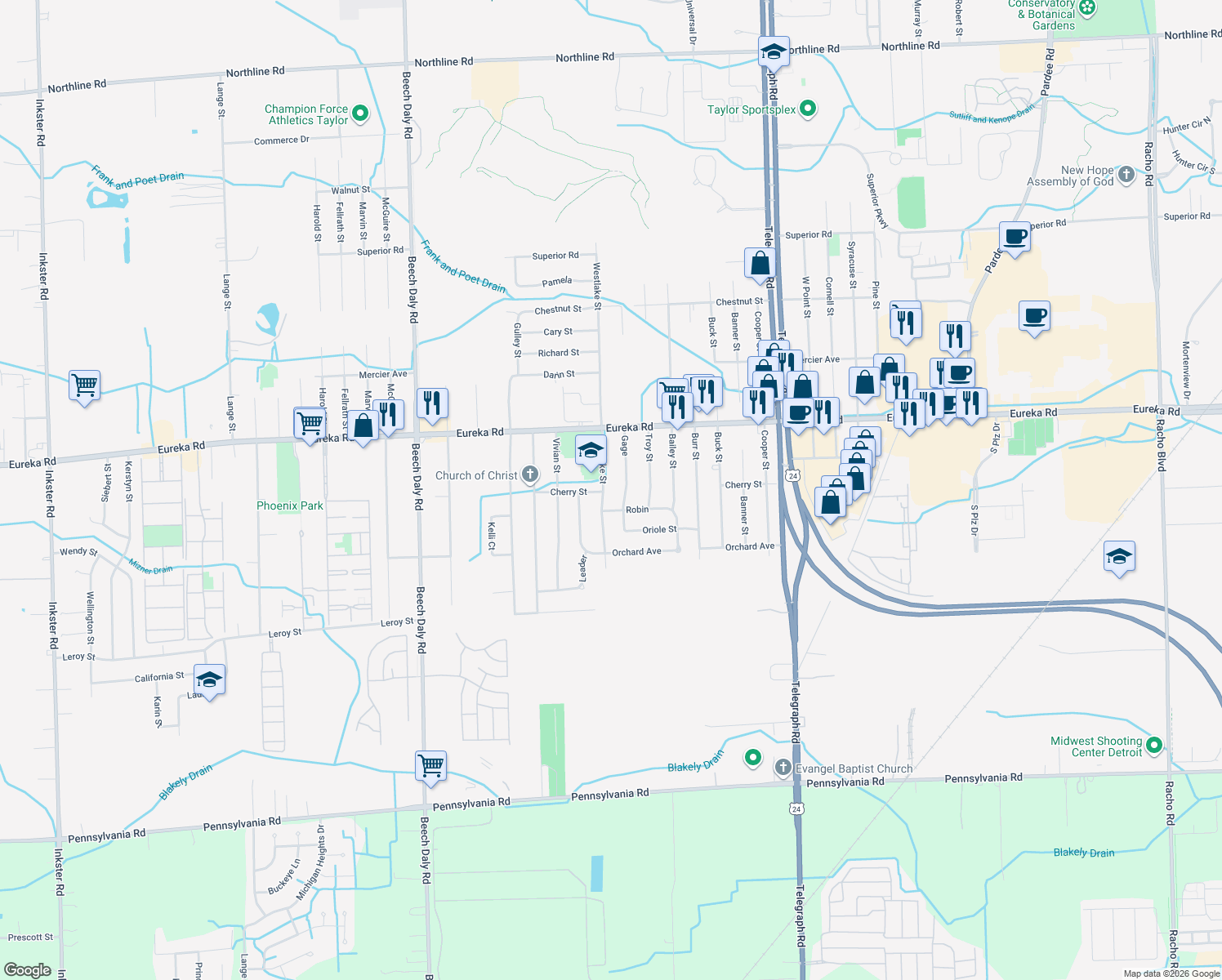 map of restaurants, bars, coffee shops, grocery stores, and more near 15179 Westlake Street in Taylor