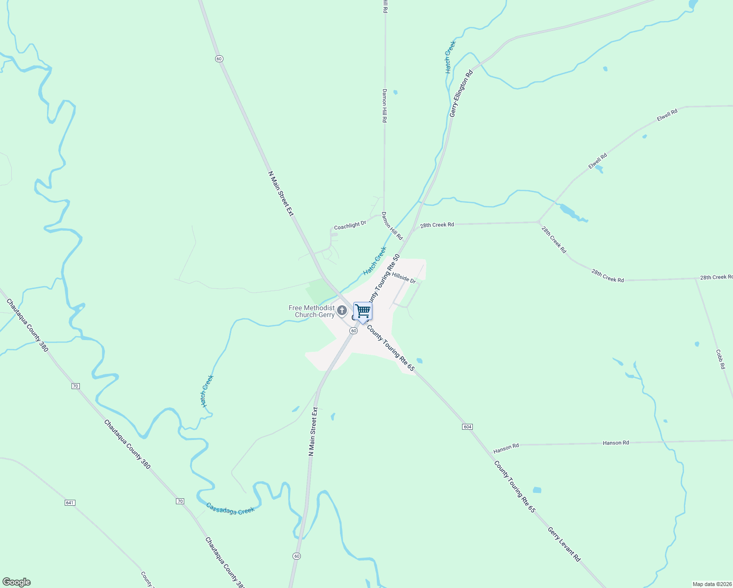 map of restaurants, bars, coffee shops, grocery stores, and more near 2908 Gerry-Ellington Road in Sinclairville