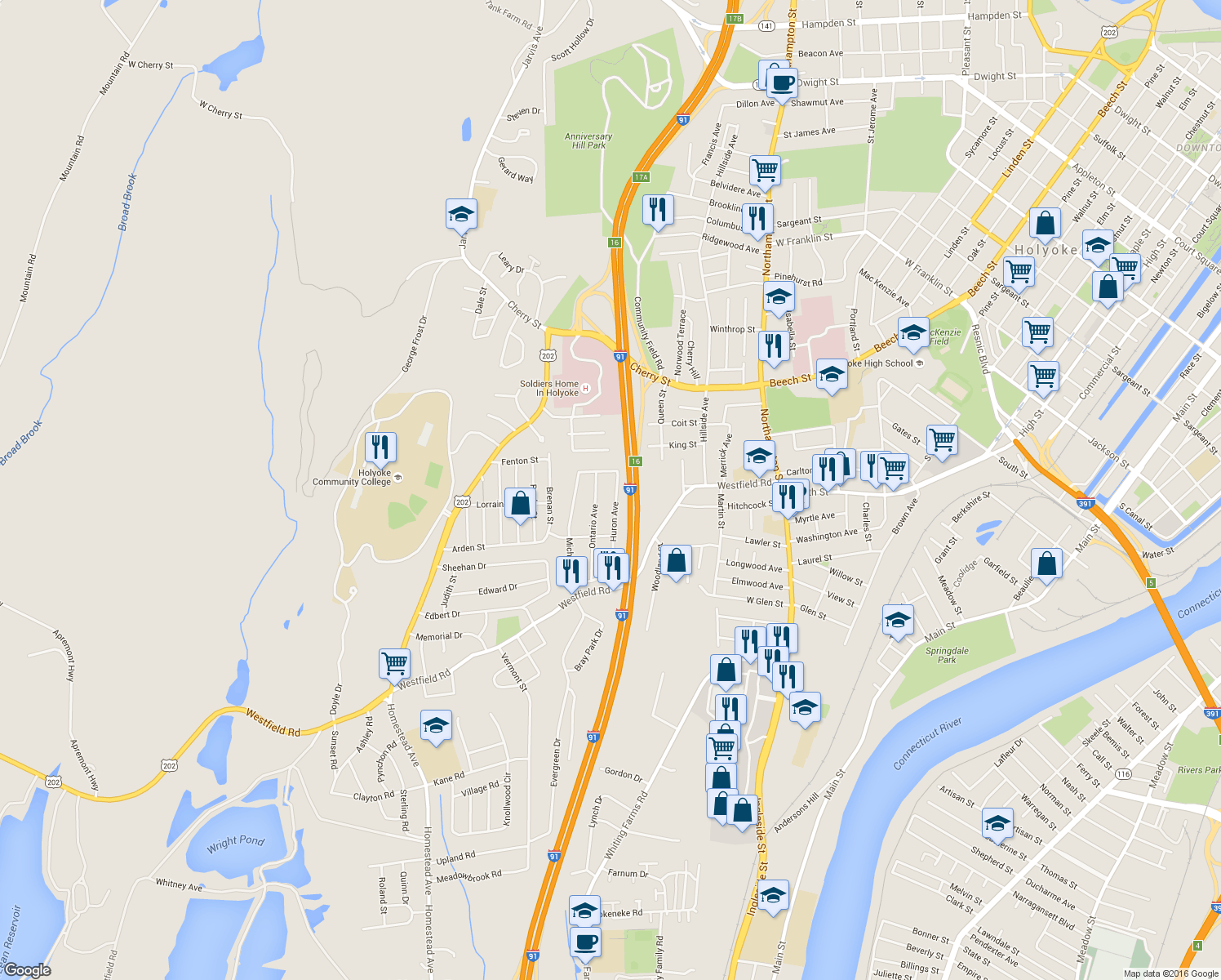 map of restaurants, bars, coffee shops, grocery stores, and more near 155 Huron Ave in Holyoke