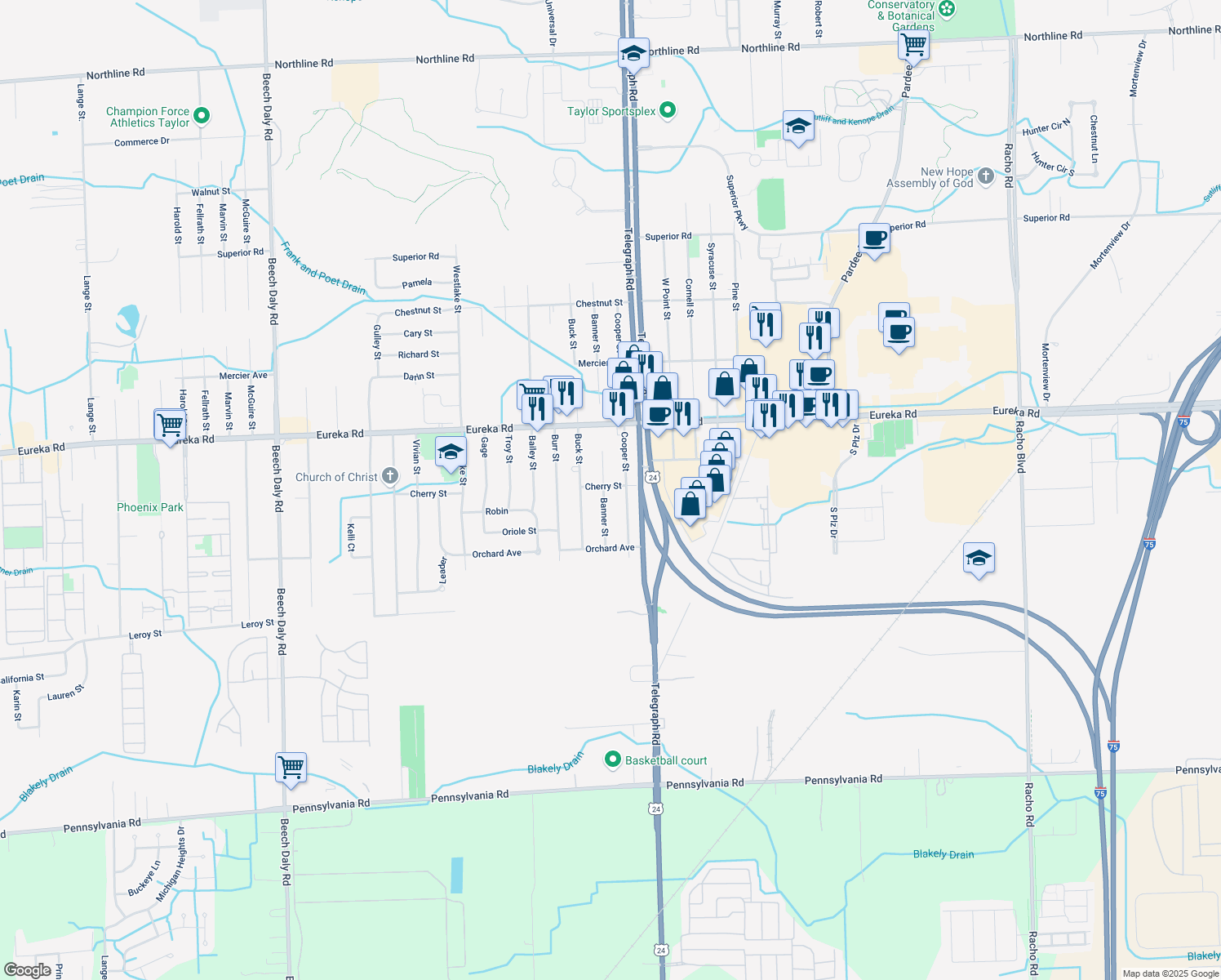 map of restaurants, bars, coffee shops, grocery stores, and more near 24245 Cherry Street in Taylor