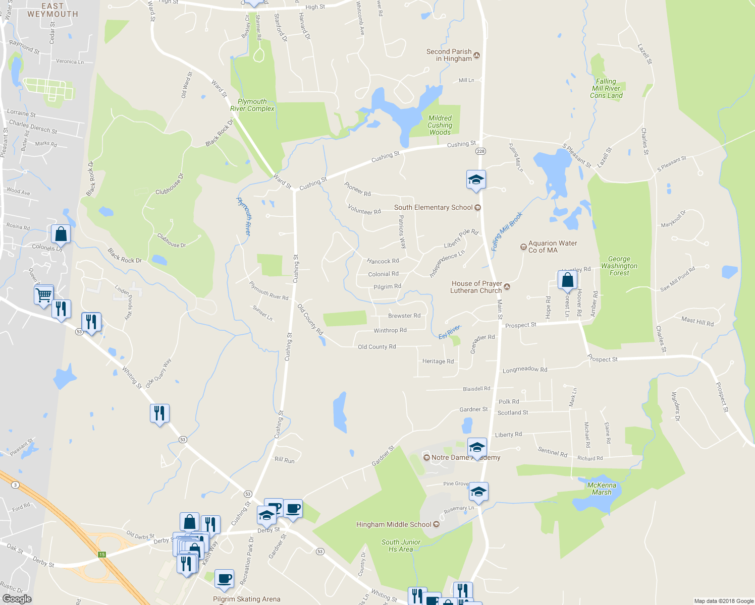 map of restaurants, bars, coffee shops, grocery stores, and more near 16 Puritan Road in Hingham