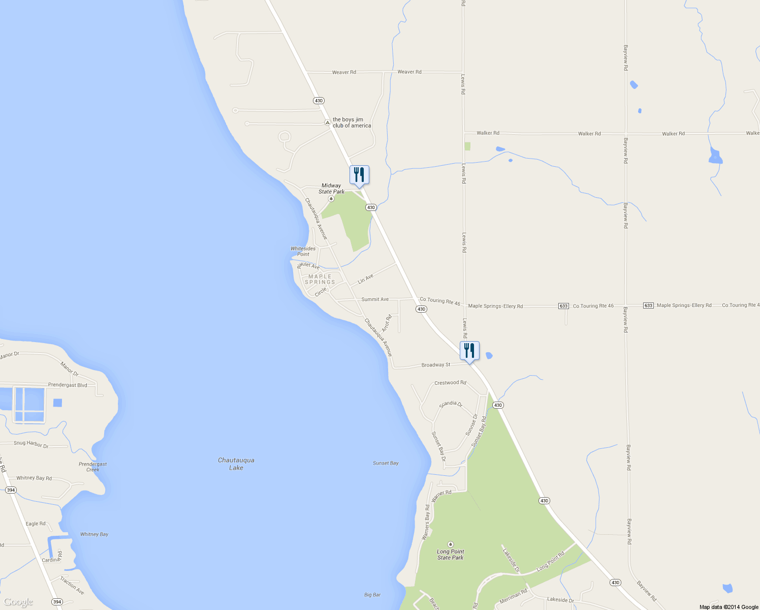 map of restaurants, bars, coffee shops, grocery stores, and more near 5533 Summit Avenue in Bemus Point