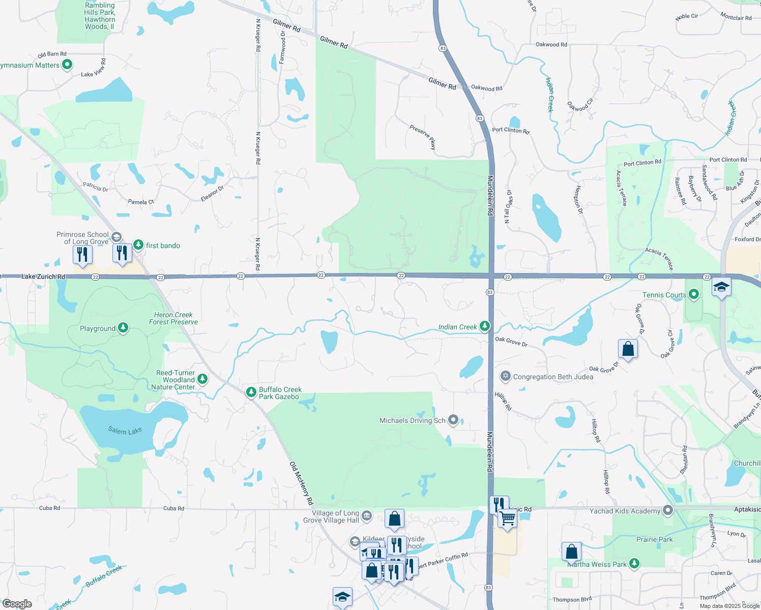 map of restaurants, bars, coffee shops, grocery stores, and more near 4432 Pebble Creek Ln in Long Grove