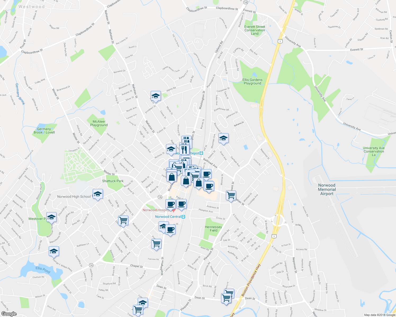 map of restaurants, bars, coffee shops, grocery stores, and more near 132 Railroad Avenue in Norwood