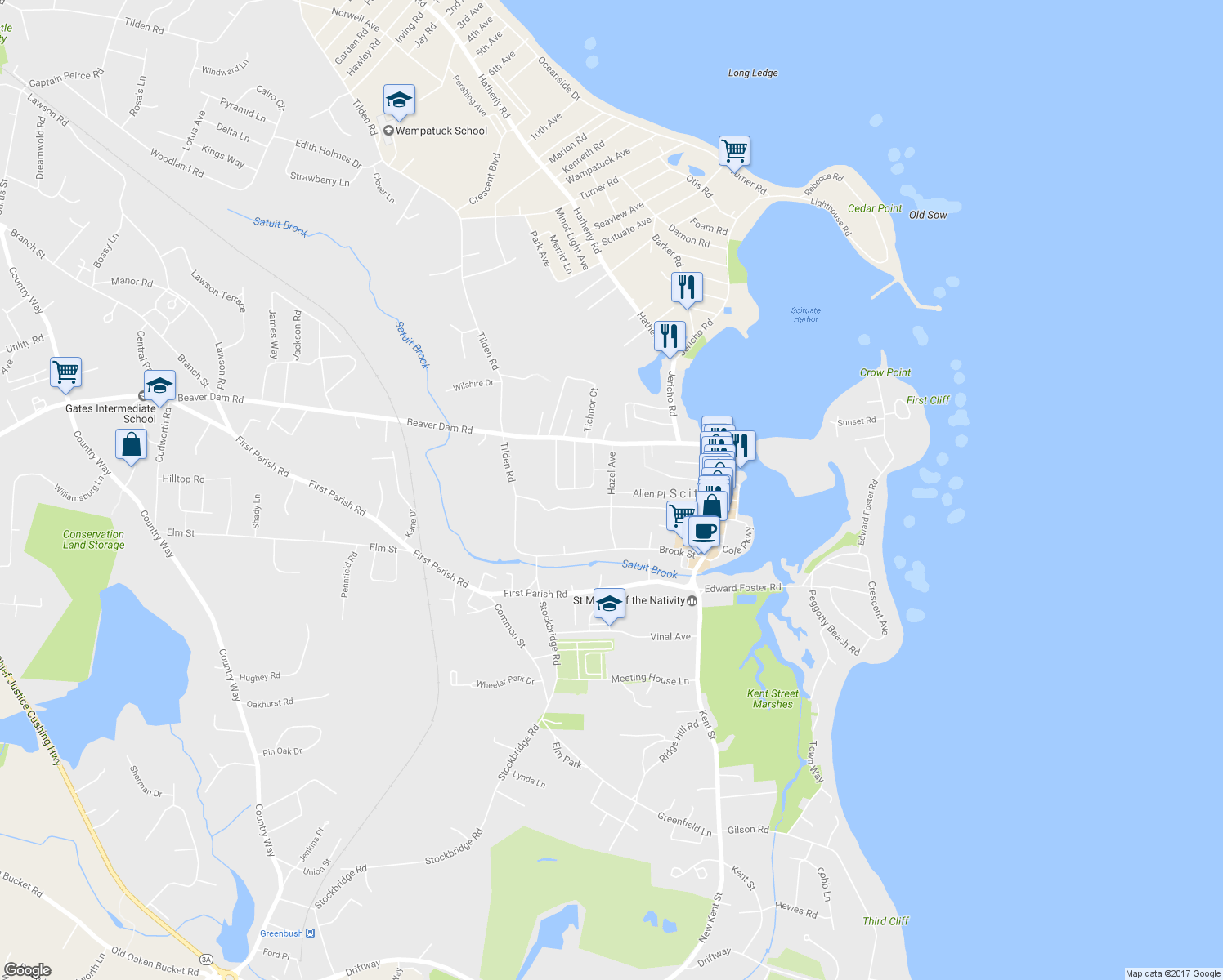 map of restaurants, bars, coffee shops, grocery stores, and more near 39 Hazel Avenue in Scituate