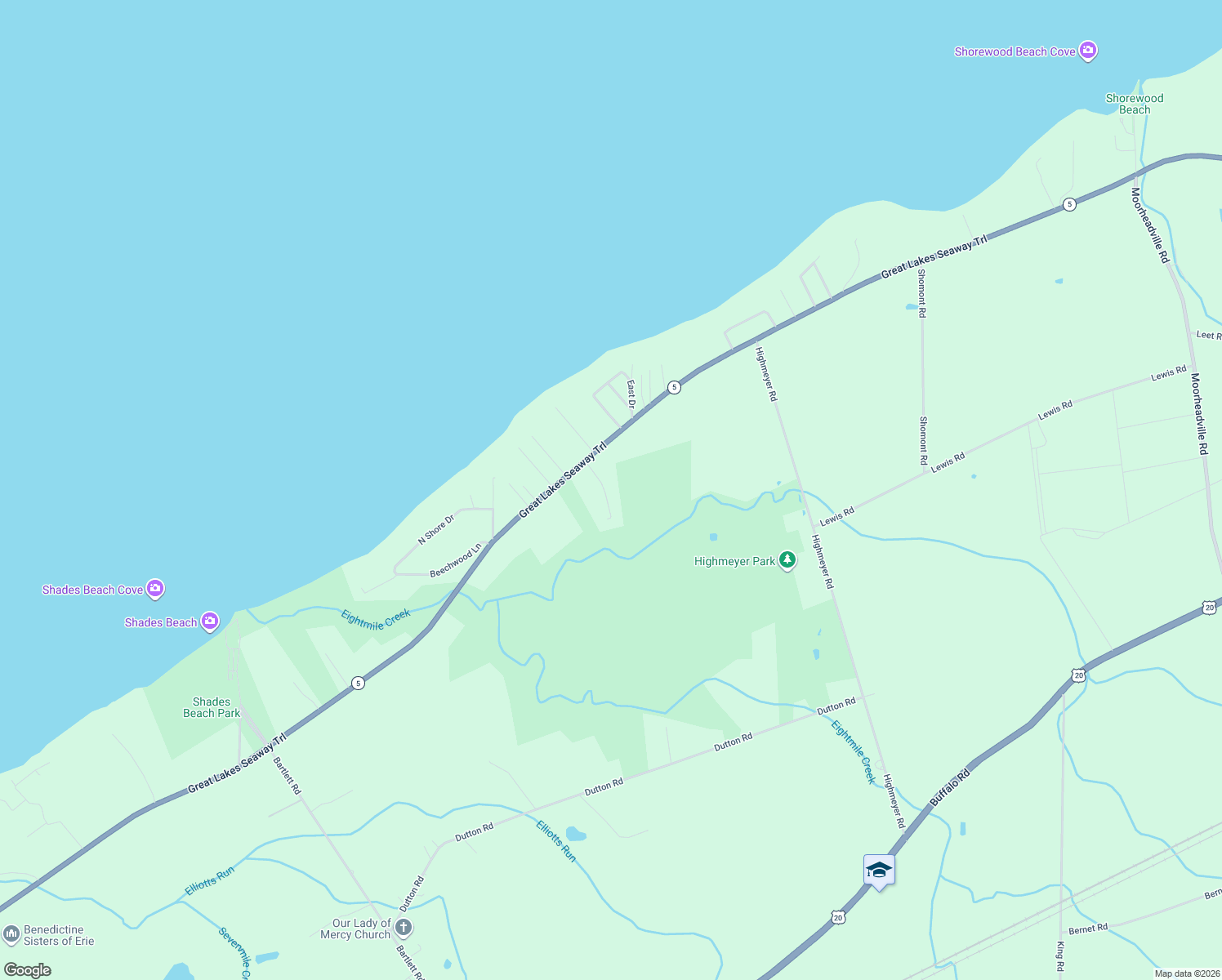 map of restaurants, bars, coffee shops, grocery stores, and more near 7707 E Lake Rd in Erie