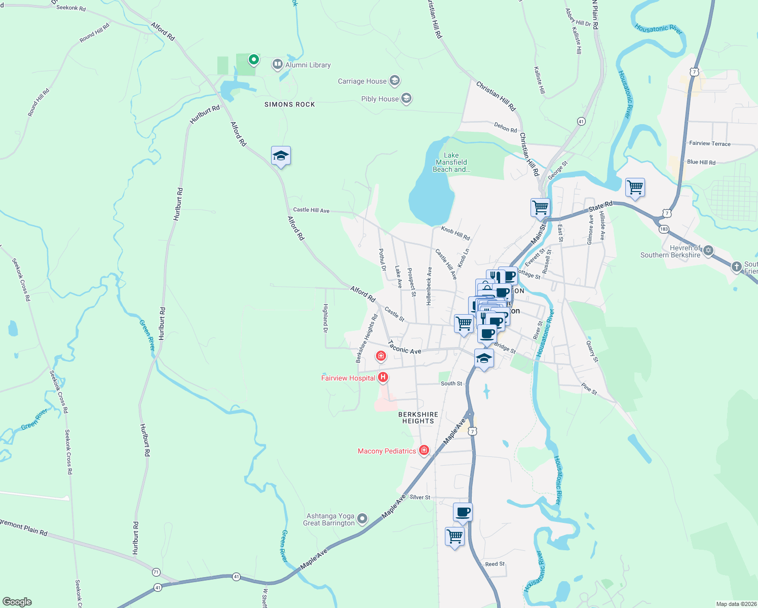 map of restaurants, bars, coffee shops, grocery stores, and more near 299 Castle Street in Great Barrington