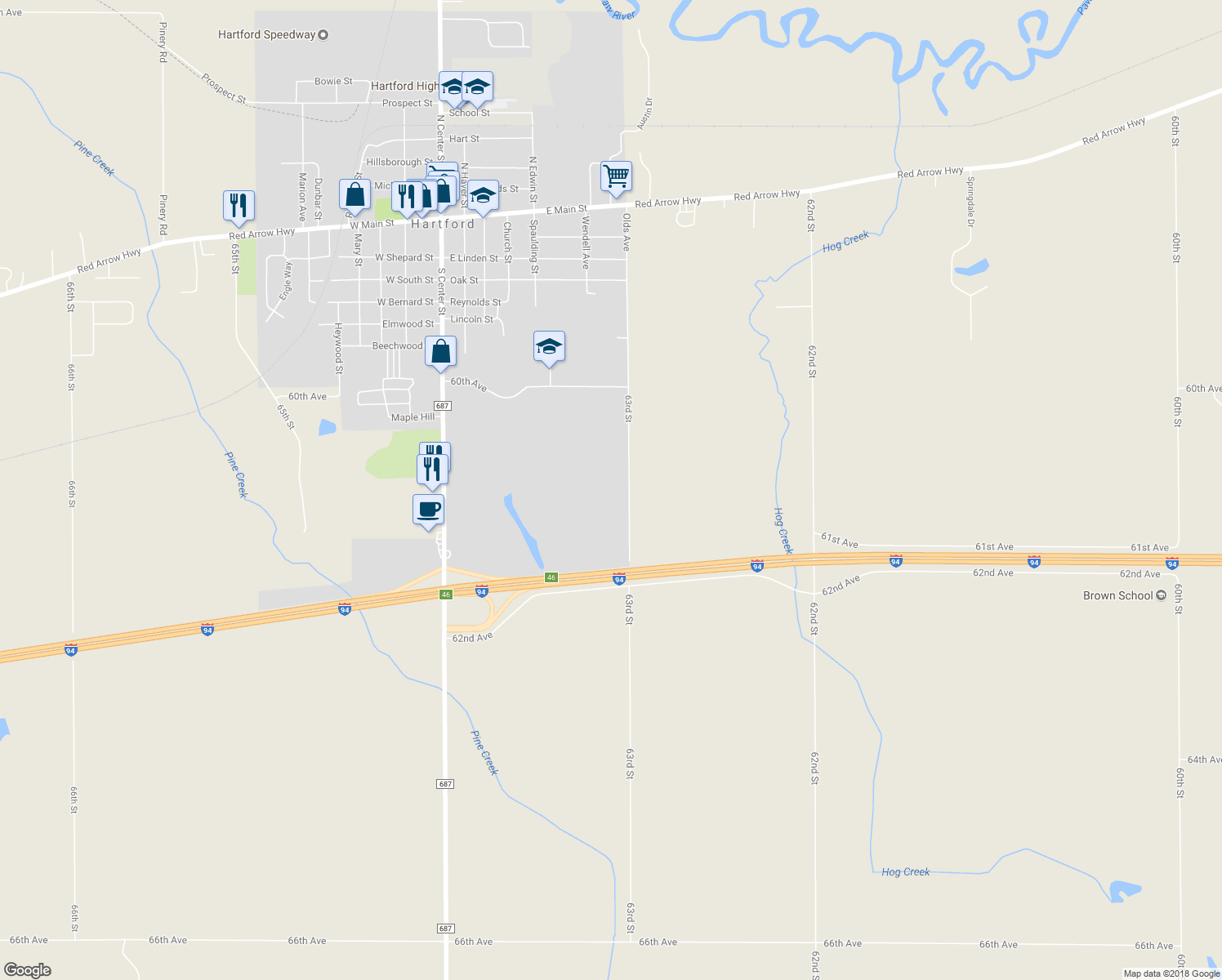 map of restaurants, bars, coffee shops, grocery stores, and more near 61270 63rd Street in Hartford