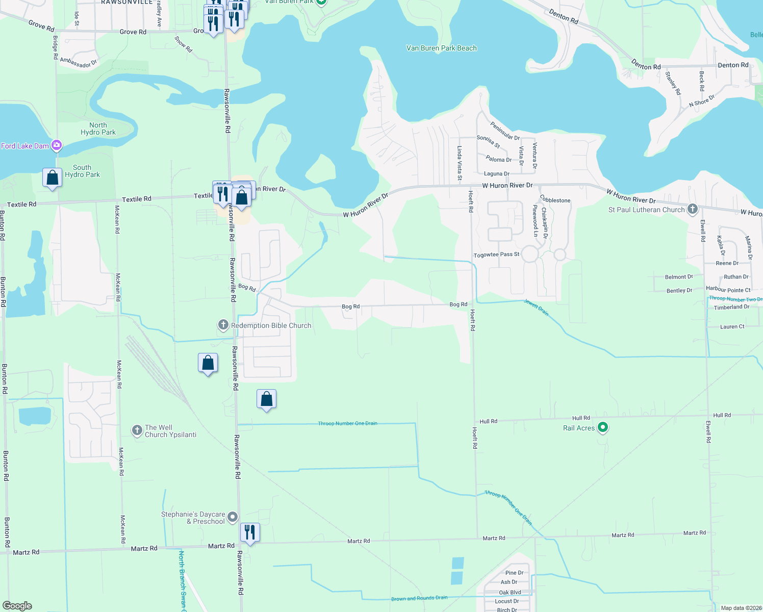 map of restaurants, bars, coffee shops, grocery stores, and more near 50115 Bog Road in Belleville