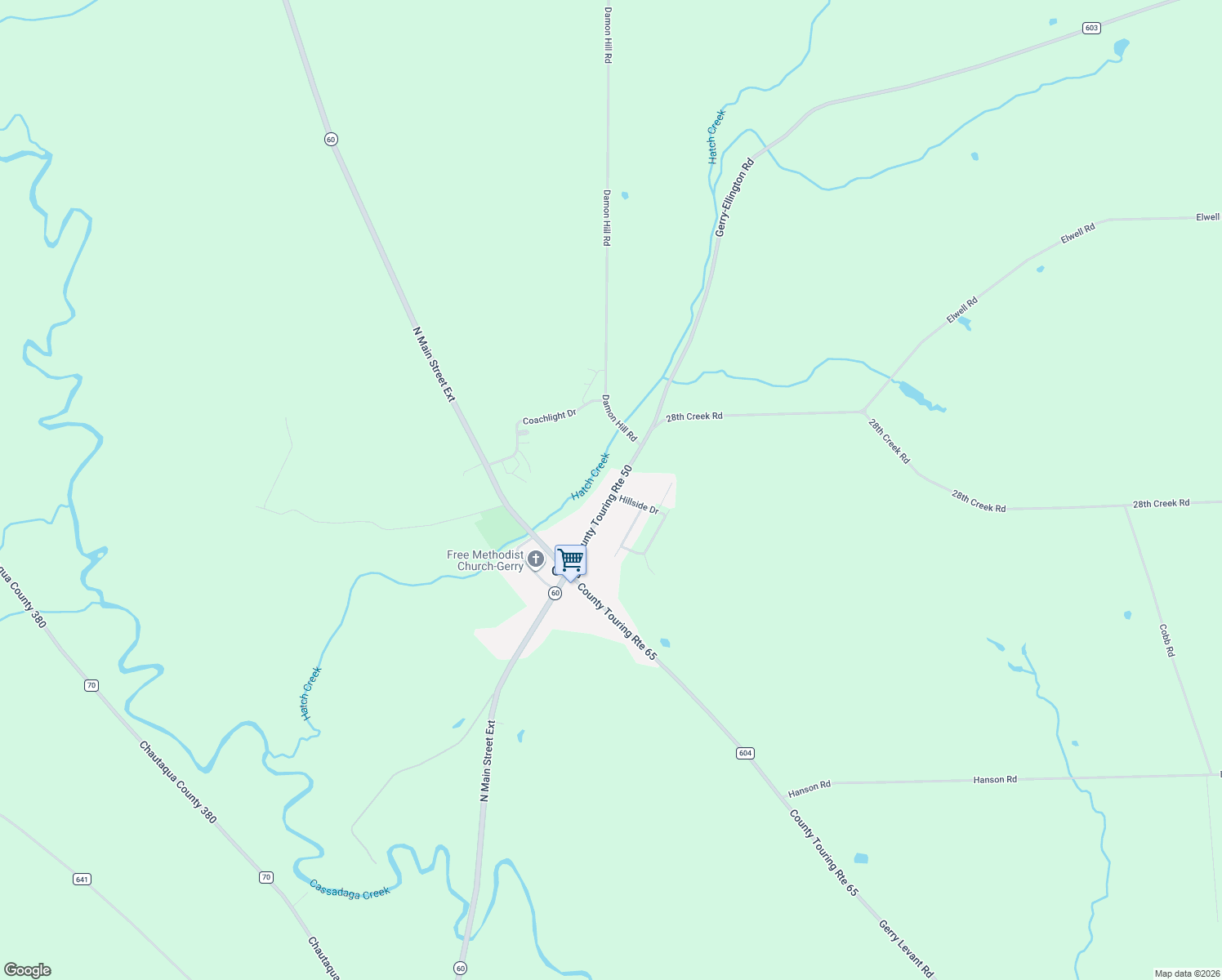 map of restaurants, bars, coffee shops, grocery stores, and more near 2883 Gerry-Ellington Road in Gerry