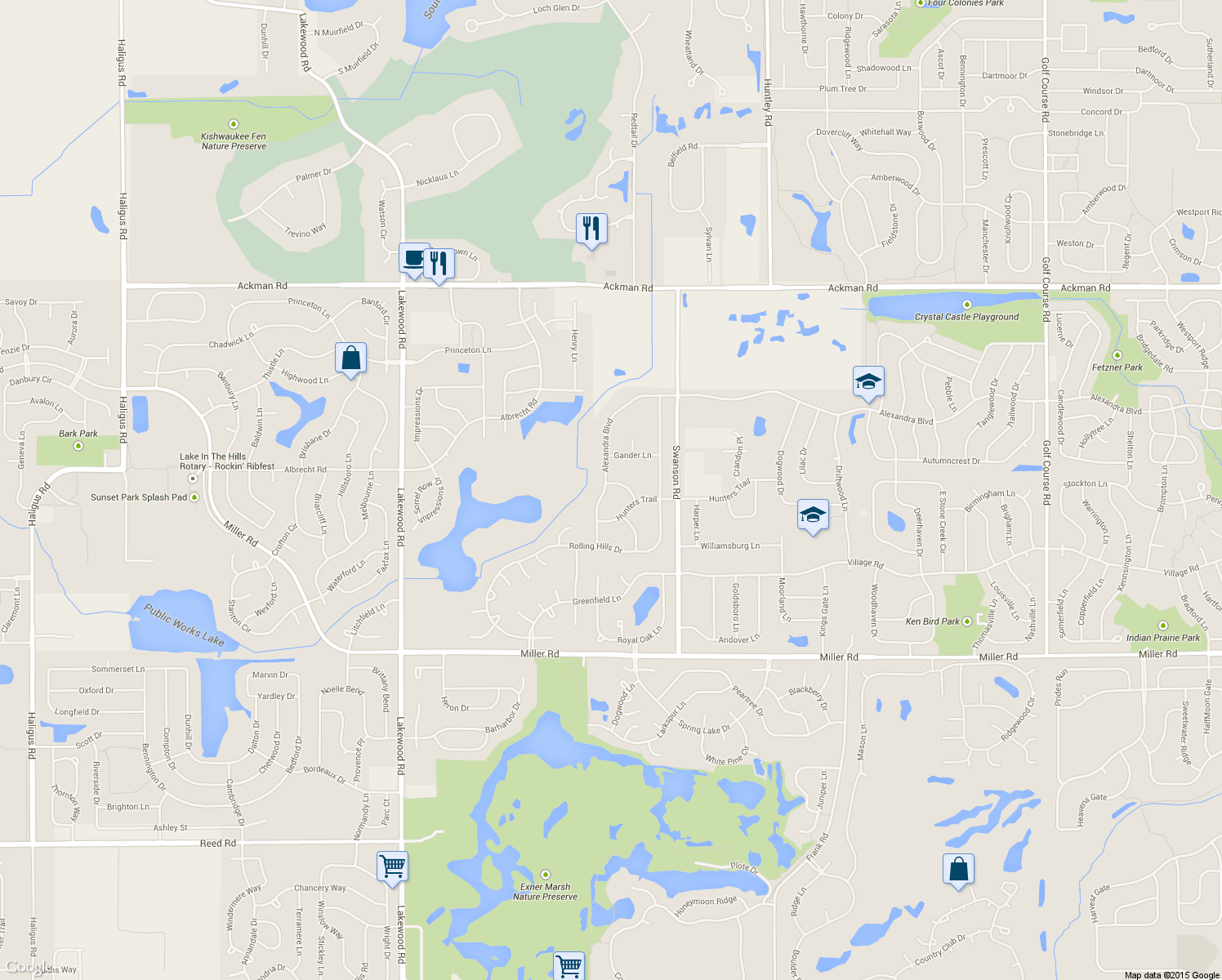 map of restaurants, bars, coffee shops, grocery stores, and more near 1459 Alexandra Boulevard in Crystal Lake