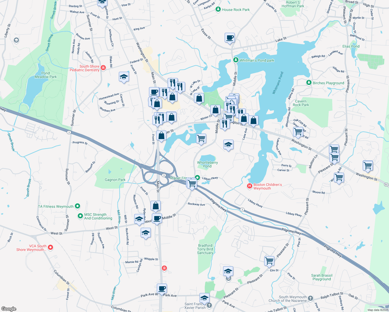 map of restaurants, bars, coffee shops, grocery stores, and more near 861 Middle Street in Weymouth