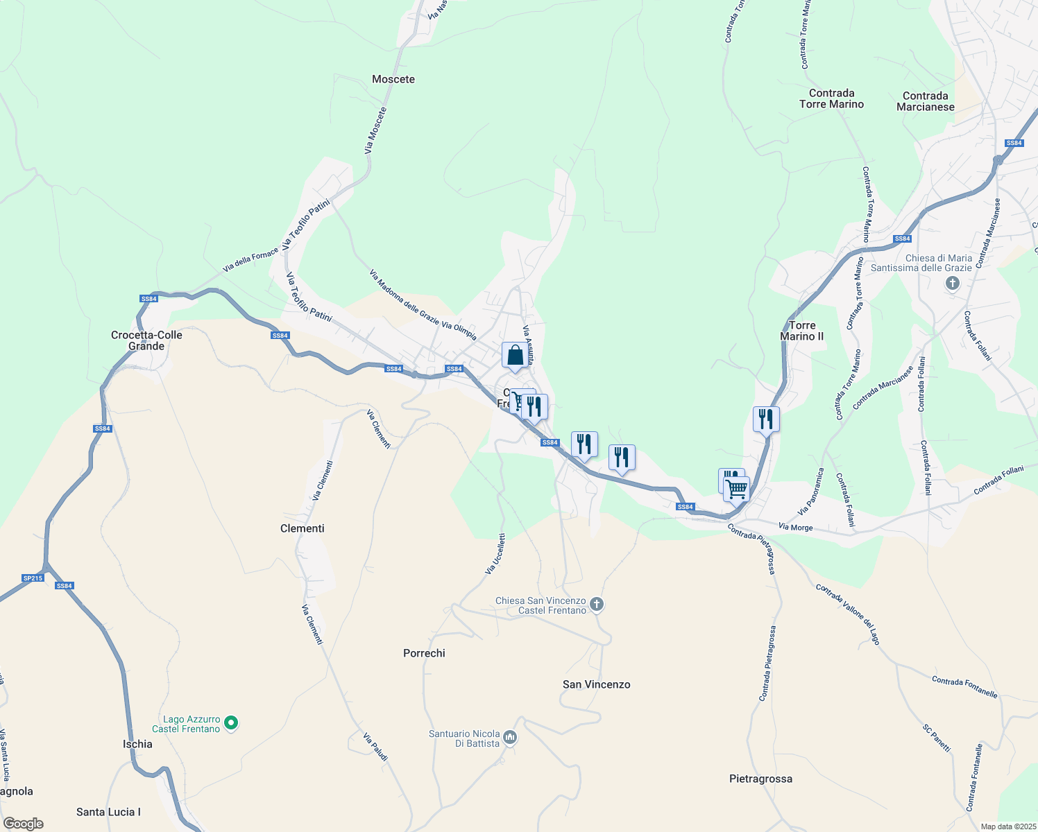 map of restaurants, bars, coffee shops, grocery stores, and more near SS84 in Castel Frentano