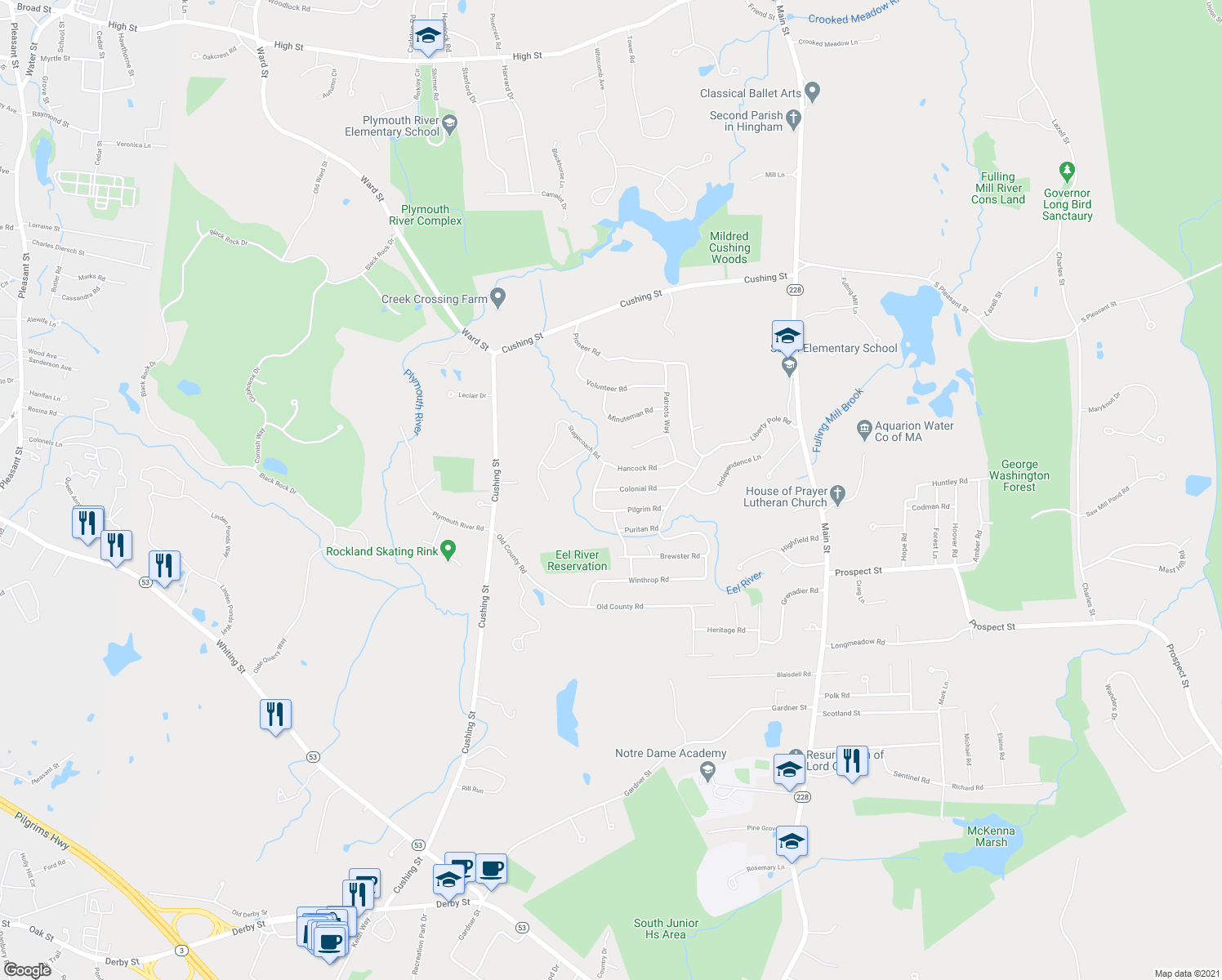 map of restaurants, bars, coffee shops, grocery stores, and more near 32 Colonial Road in Hingham