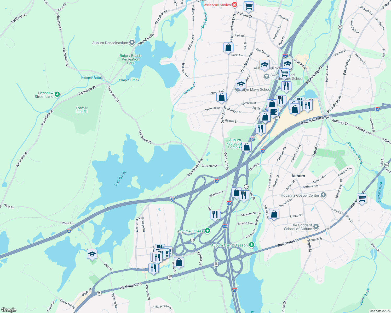 map of restaurants, bars, coffee shops, grocery stores, and more near 182 Leicester Street in Auburn
