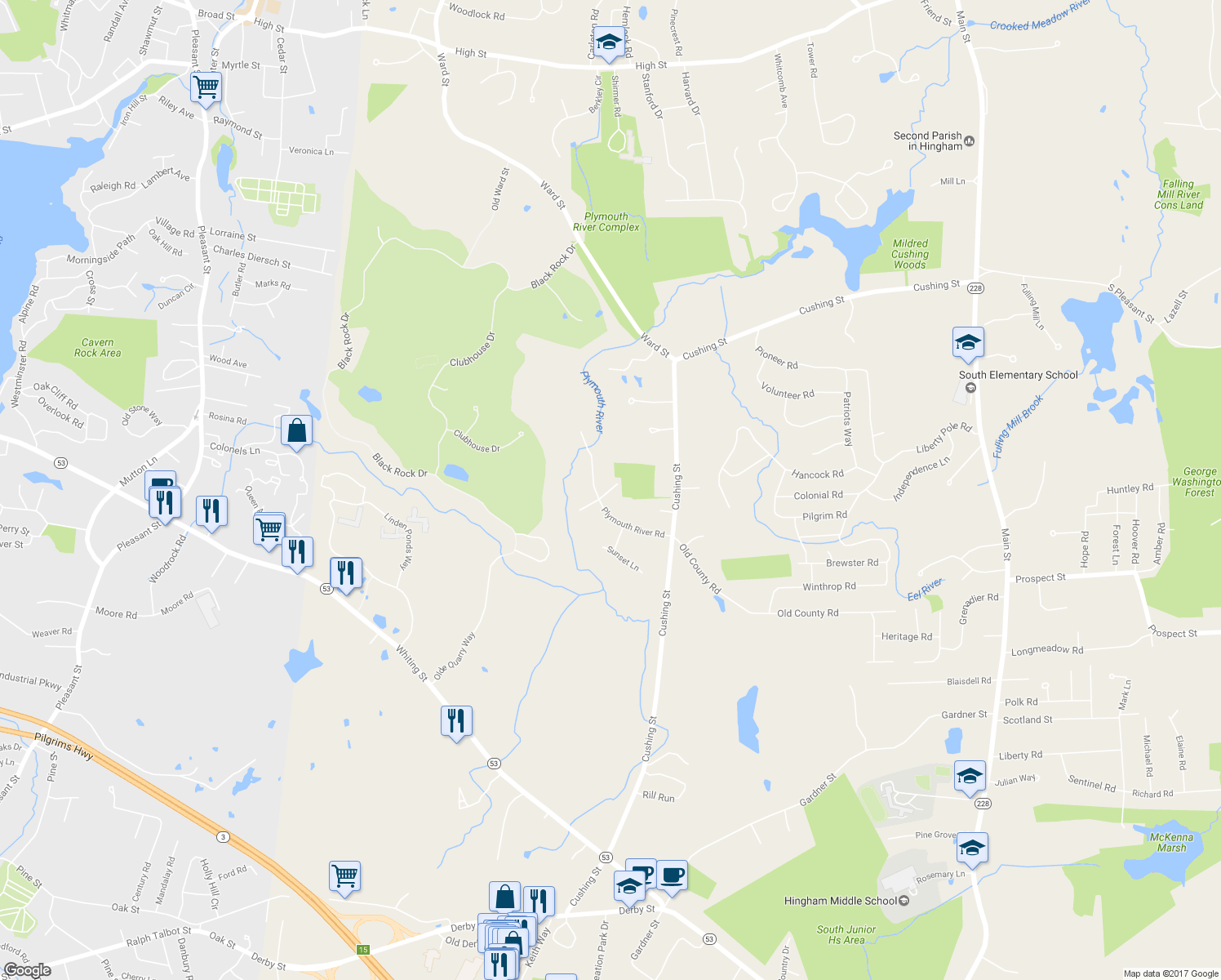 map of restaurants, bars, coffee shops, grocery stores, and more near 5 Cape Cod Lane in Hingham