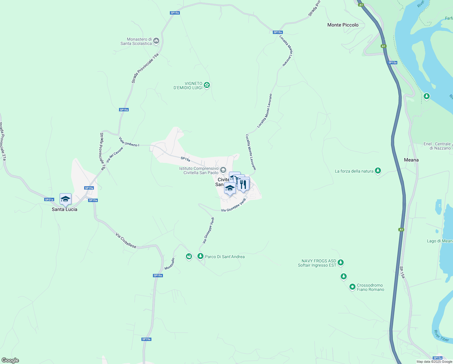 map of restaurants, bars, coffee shops, grocery stores, and more near 102 Viale Umberto I in Civitella San Paolo