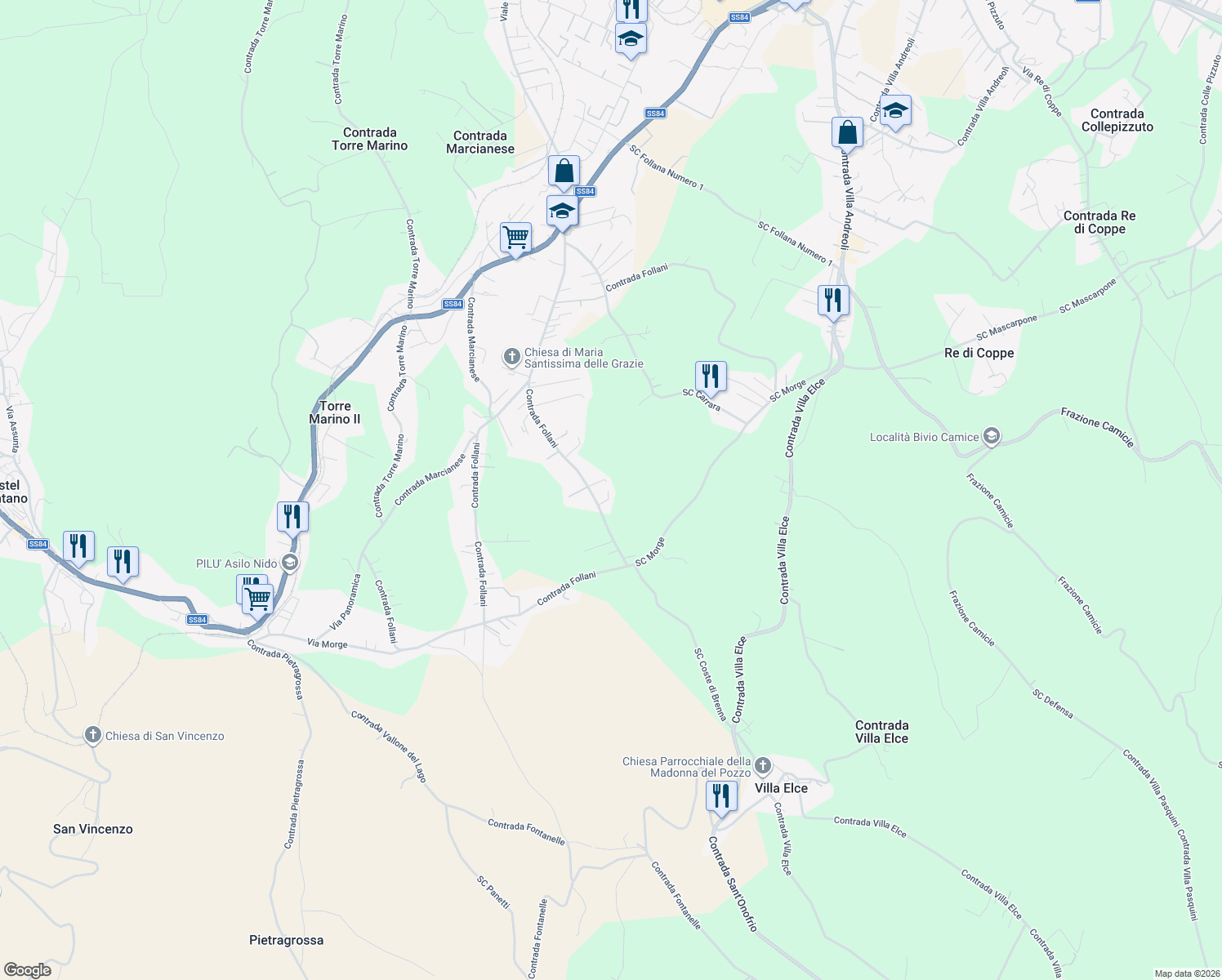 map of restaurants, bars, coffee shops, grocery stores, and more near 257 Contrada Follani in Provincia di Chieti