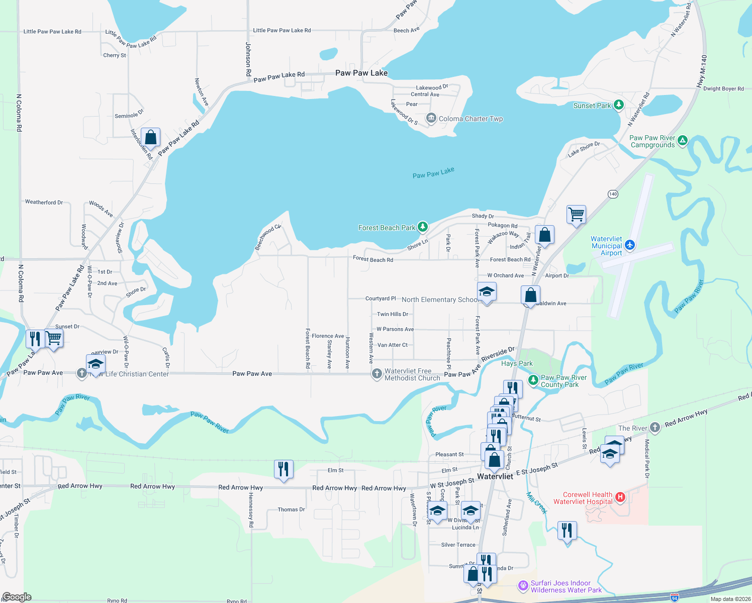 map of restaurants, bars, coffee shops, grocery stores, and more near 1032 Western Avenue in Watervliet