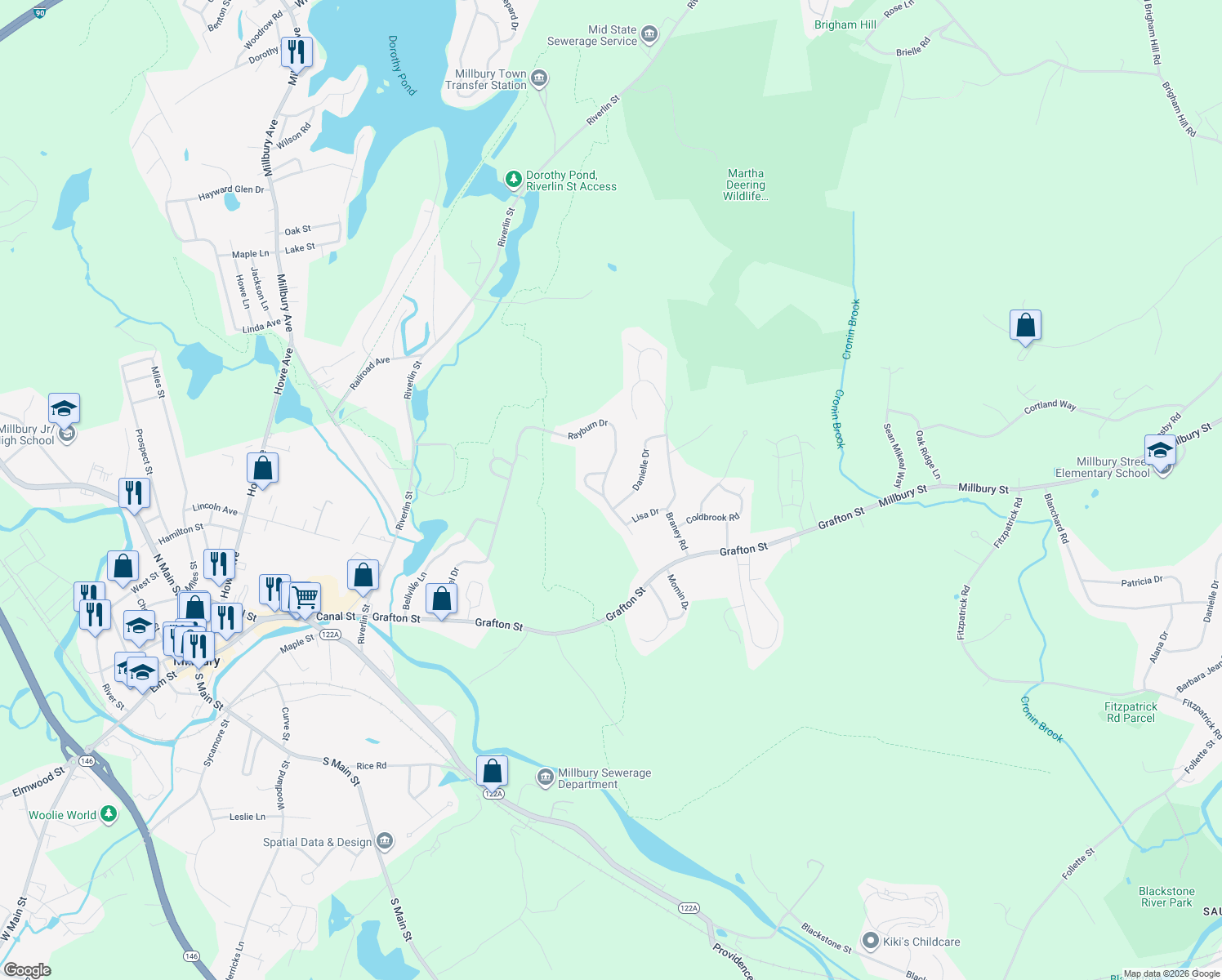map of restaurants, bars, coffee shops, grocery stores, and more near 43 Rayburn Drive in Millbury