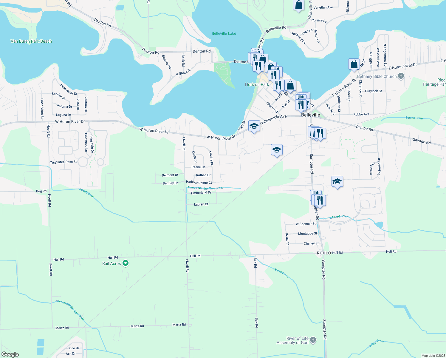 map of restaurants, bars, coffee shops, grocery stores, and more near 525 Harbour Pointe Drive in Belleville