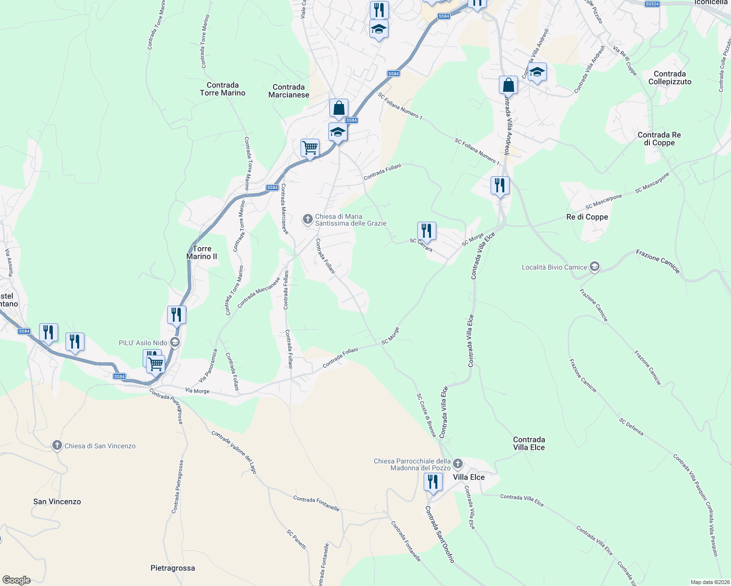 map of restaurants, bars, coffee shops, grocery stores, and more near 257 Contrada Follani in Provincia di Chieti