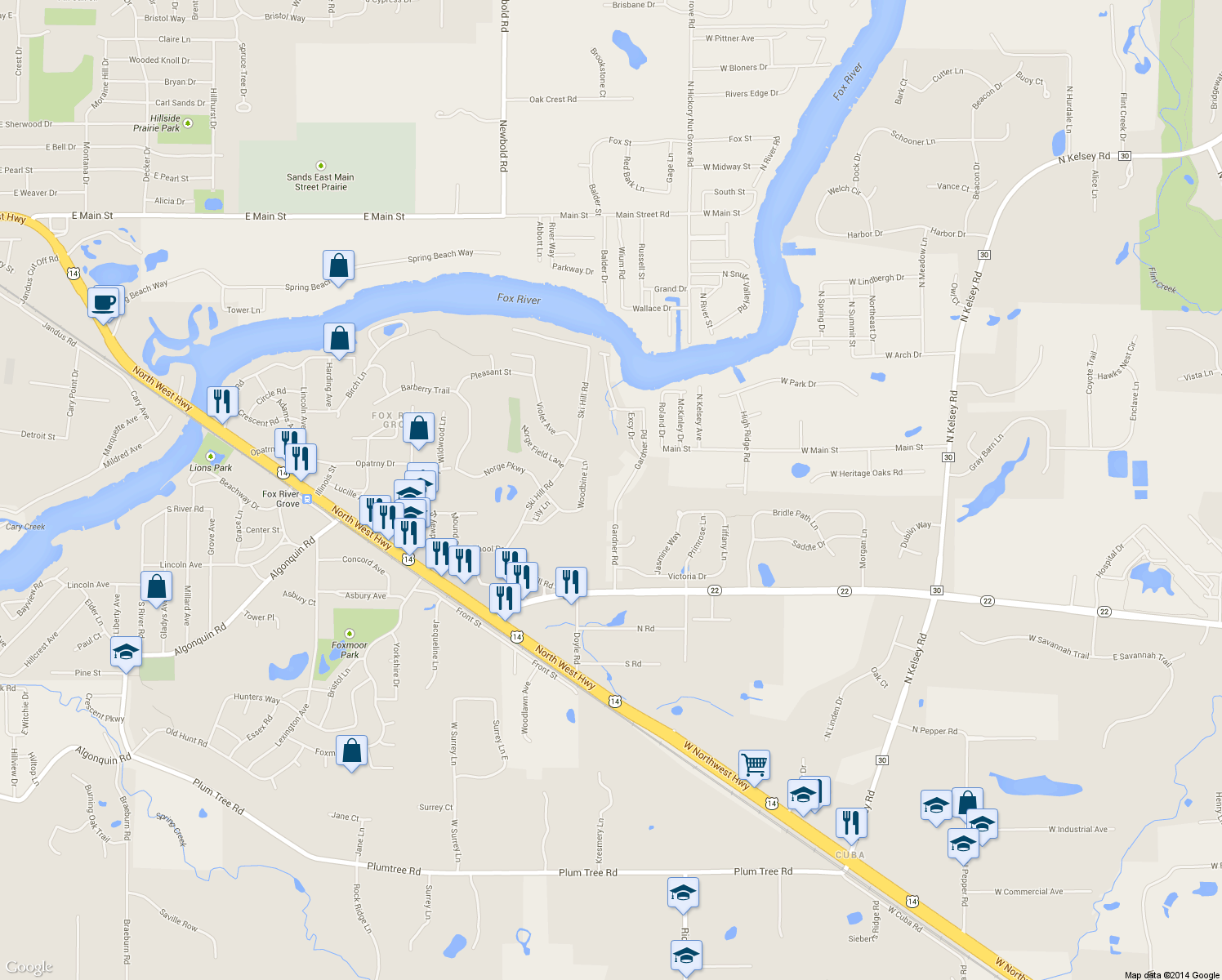 map of restaurants, bars, coffee shops, grocery stores, and more near 9019 Gardner Road in Fox River Grove