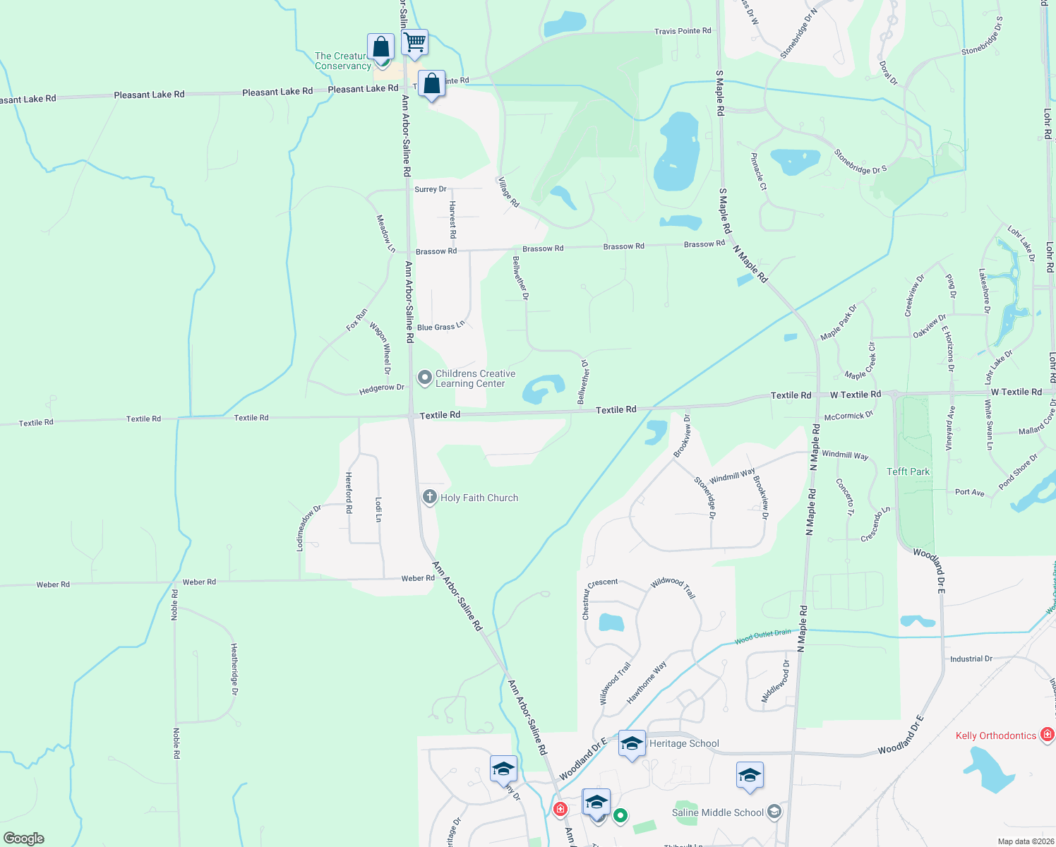 map of restaurants, bars, coffee shops, grocery stores, and more near 3133 Textile Road in Saline